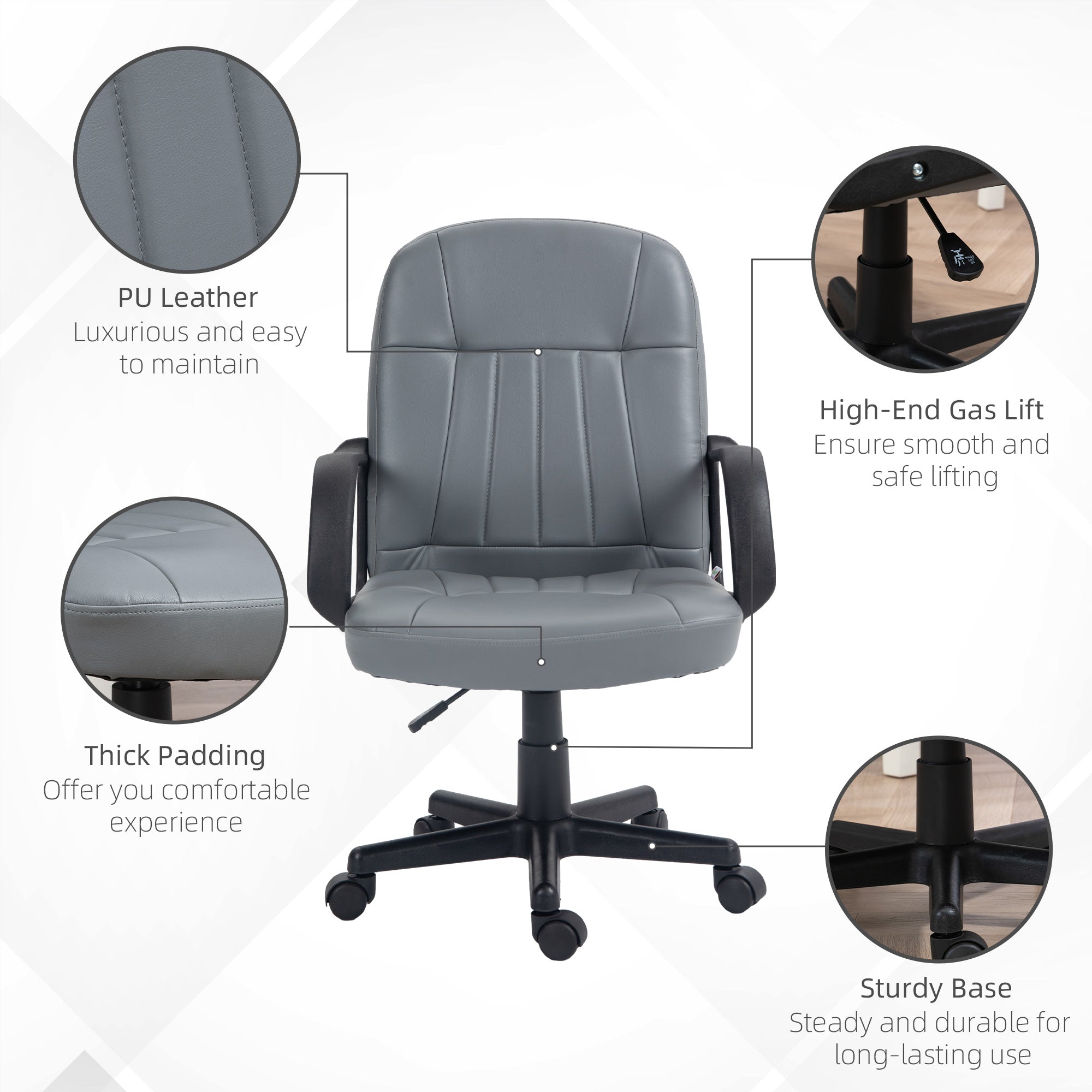 HOMCOM Swivel Executive Office Chair PU Leather Computer Desk Chair Office Furniture Gaming Seater - Grey - North Peak Garden Furniture