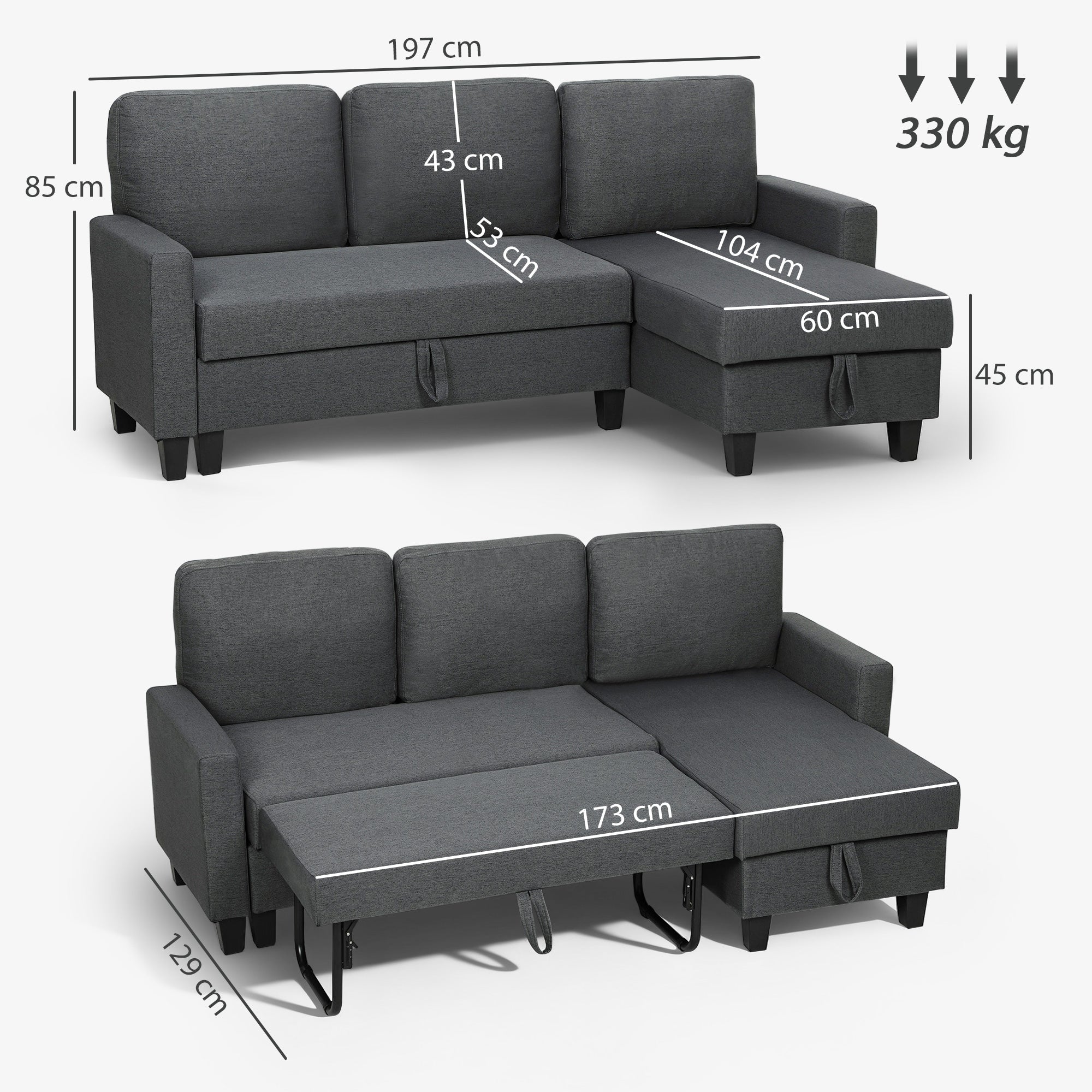 HOMCOM Three-Seater Storage Sofa Bed -  Charcoal Grey