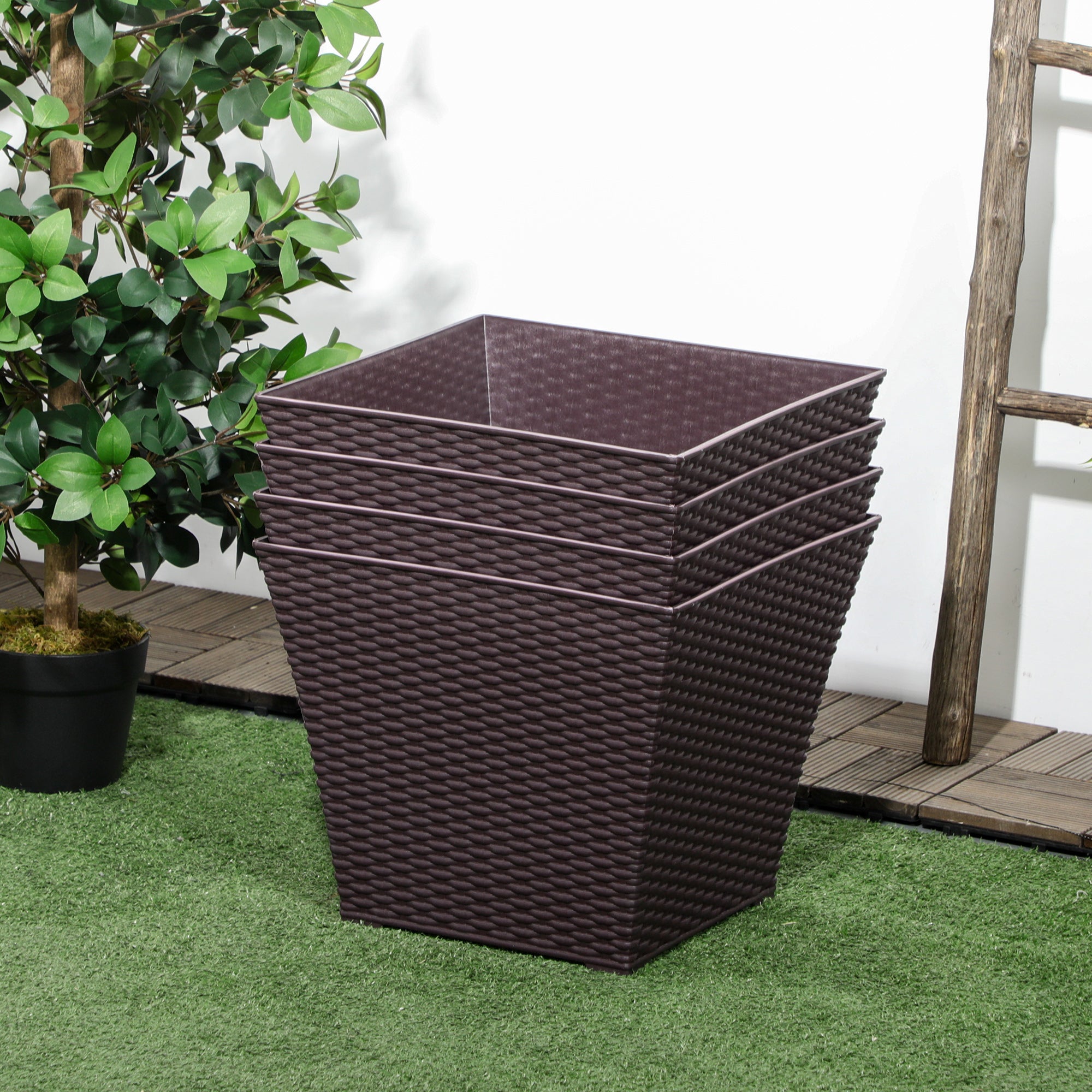 Outsunny Outdoor Planter Pack of 4, Rattan Effect Plant Pots Indoor Stackable Design, for Garden Patio Porch Deck, Brown |