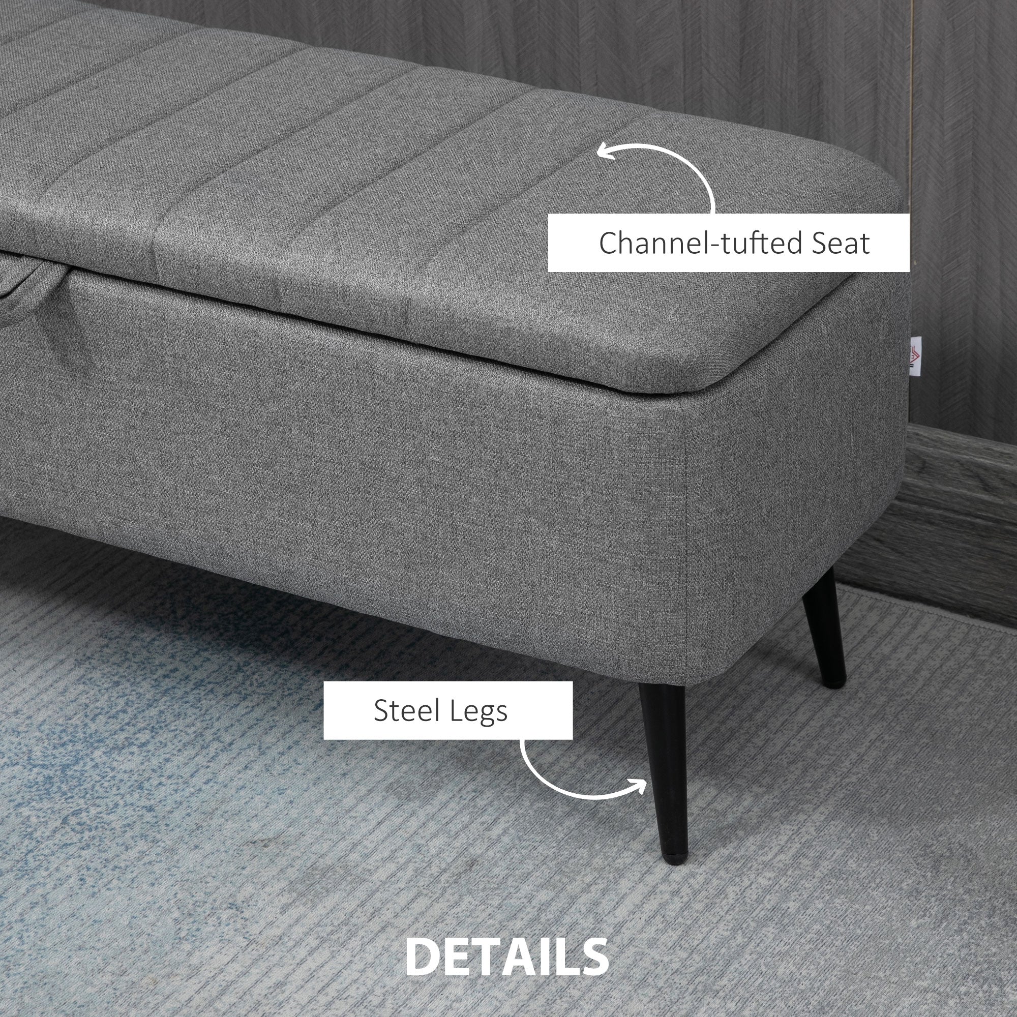 HOMCOM Storage Ottoman with Flip Top, Rectangular Upholstered Bench, Linen Fabric Footstool with Steel Legs for Living Room, Bedroom, Grey - North Peak Garden Furniture