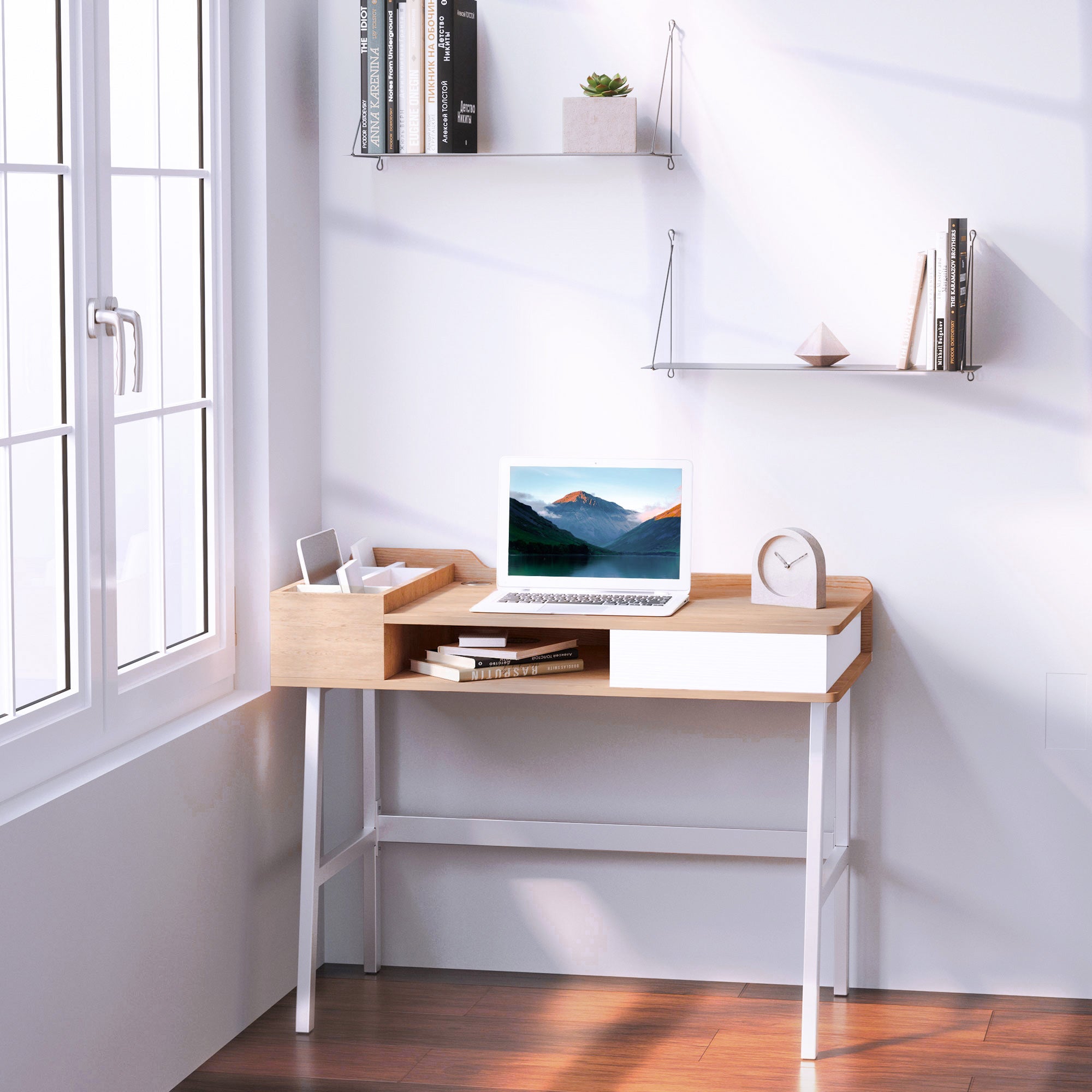 HOMCOM Computer Desk, Writing Desk, Study Workstation with Drawer, Storage Compartments, Cable Management, Laptop Table, Metal Frame, 100 x 55 x 81.5cm, Oak and White - North Peak Garden Furniture