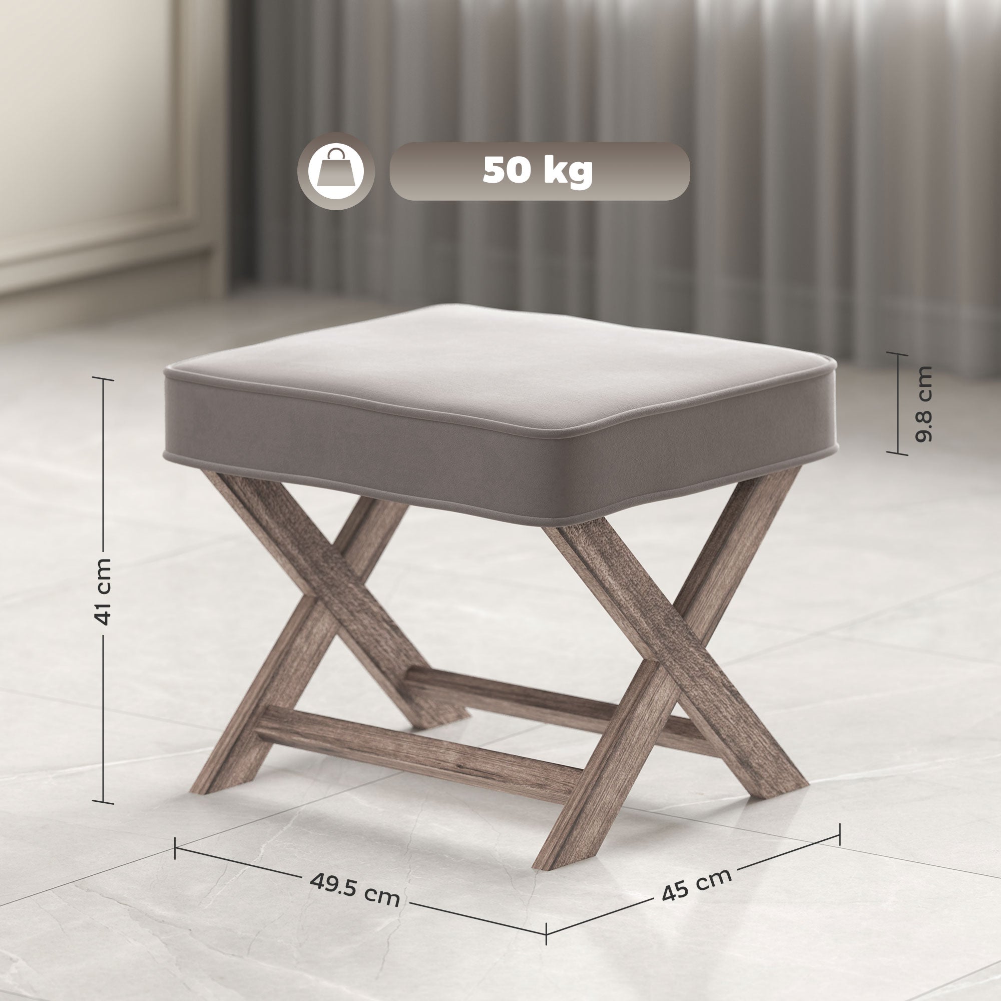 HOMCOM Vintage Footstool Padded Seat X Leg Chair Velvet Cover Shabby Chic Footrest Solid Rubber Wood Frame 49.5 x 45 x 41 cm Grey - North Peak Garden Furniture