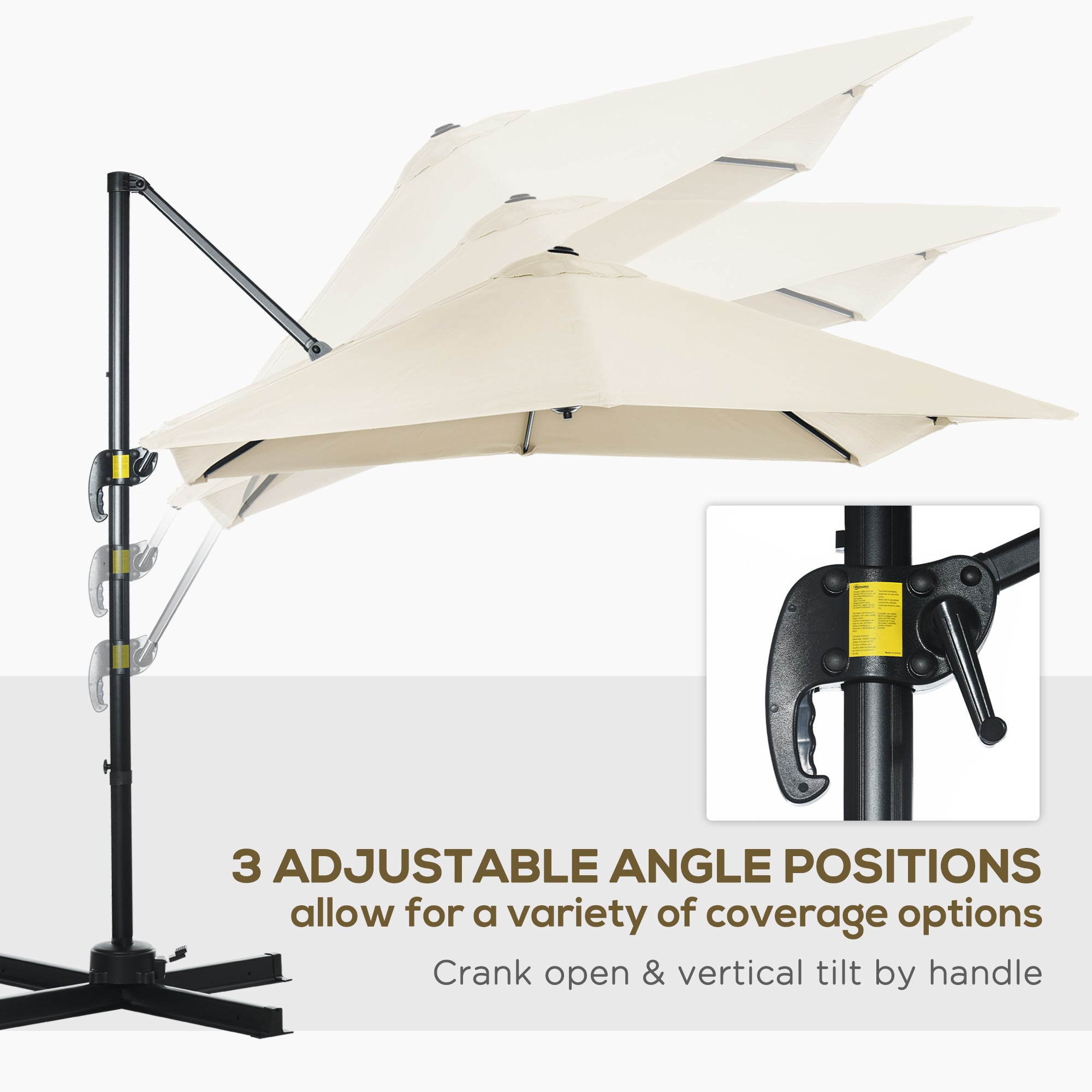 Outsunny 2.5 x 2.5m Patio Offset Parasol Umbrella Cantilever Hanging Aluminium Sun Shade Canopy Shelter 360° Rotation with Crank Handle and Cross Base, Cream White