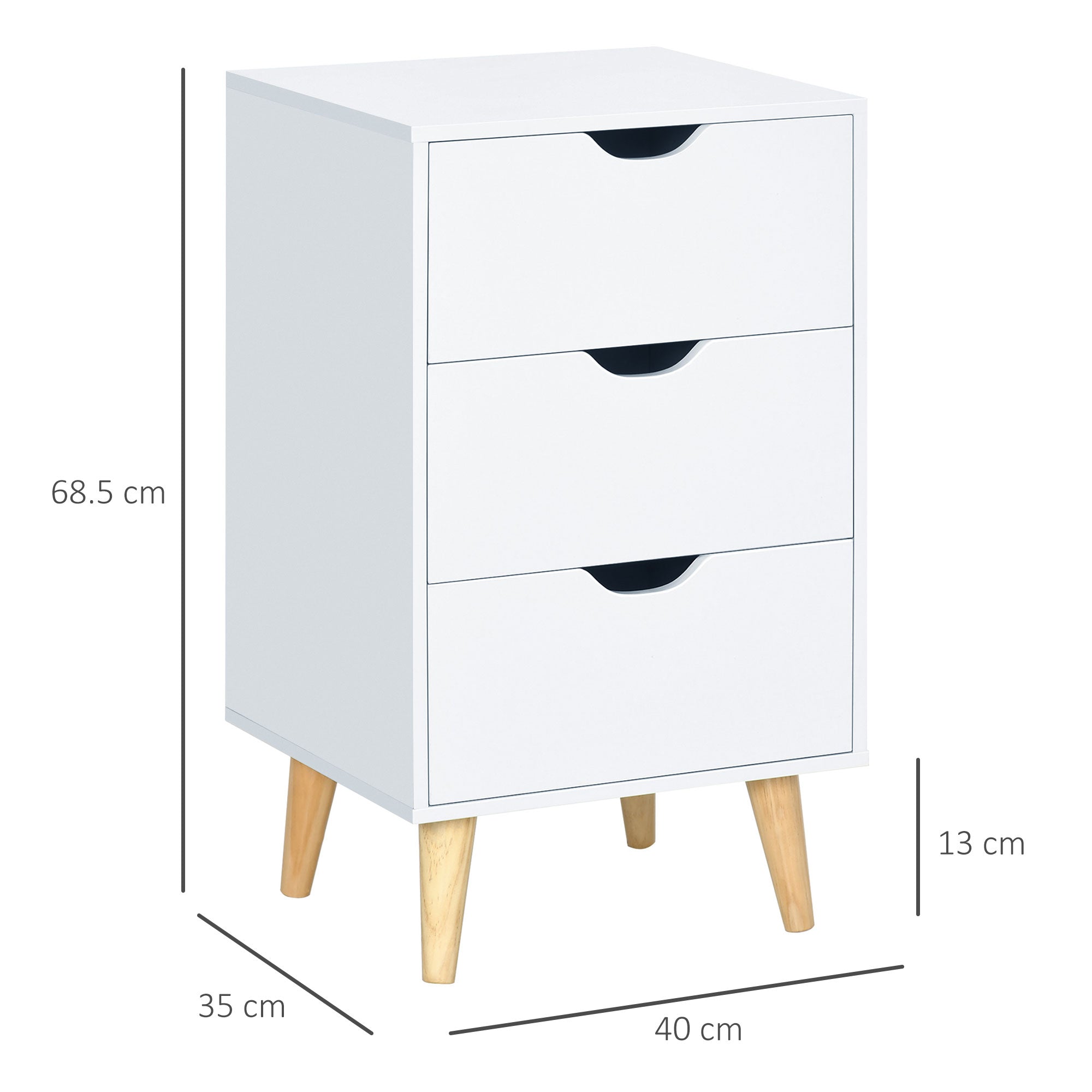 HOMCOM Bedside Table, Bedside Cabinet with 3 Drawers, Small Side Table with Wood Legs and Cut-out Handles for Bedroom, Cream White - North Peak Garden Furniture