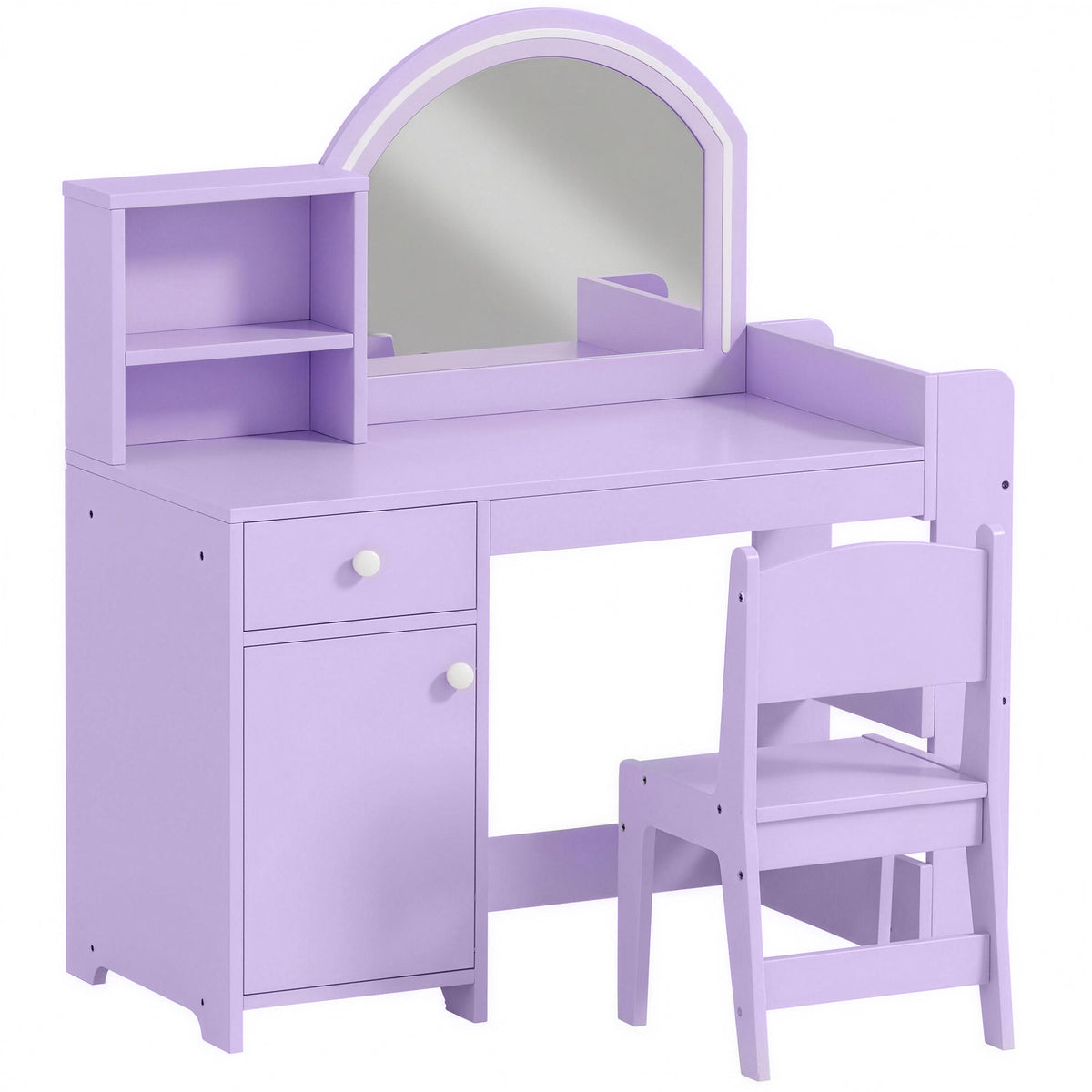 AIYAPLAY Kids Vanity Table and Chair Set, Girls Dressing Table with 2-Colour LED Mirror, Stool, Cabinet, Drawer, Shelves, Purple