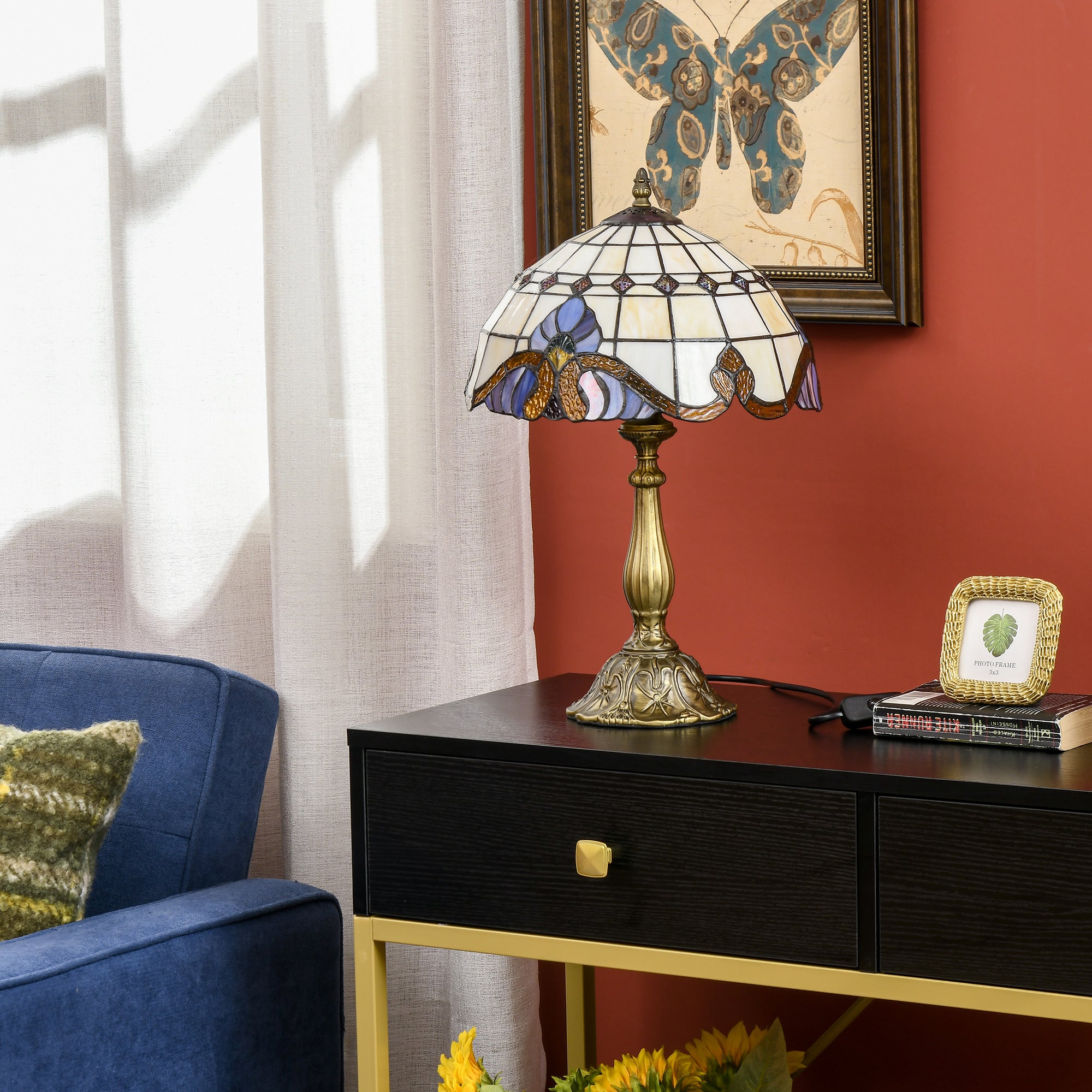 HOMCOM Stained Glass Table Lamp, Handmade Antique Bedside Lamp, Decorative Night Light for Bedroom, Living room, Home, Nightstand - North Peak Garden Furniture