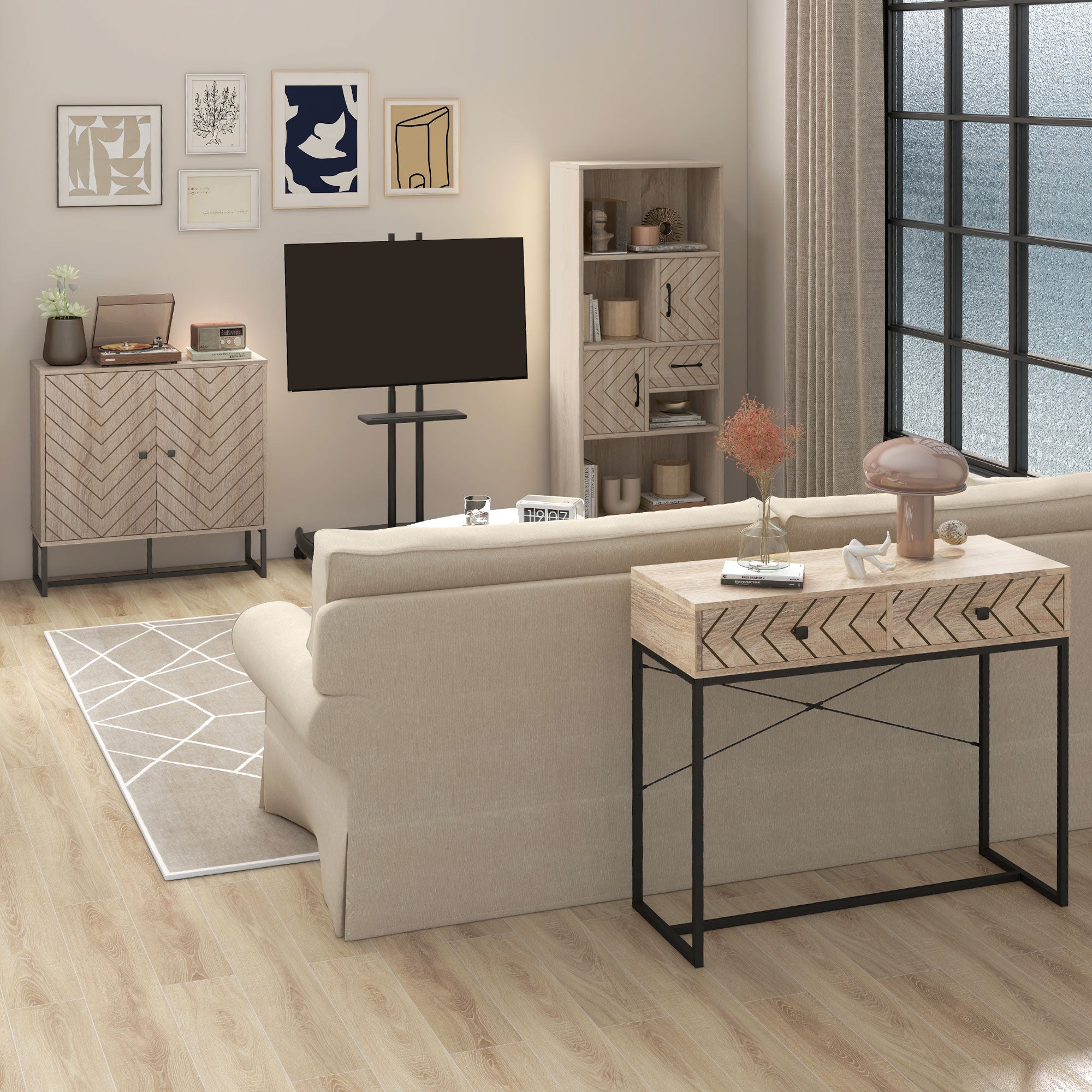 HOMCOM MDF 2-Tier Storage Cabinet Steel Frame Handles Tabletop Unique Home Style Organiser, 80H x 80L x 29.5Wcm-Oak