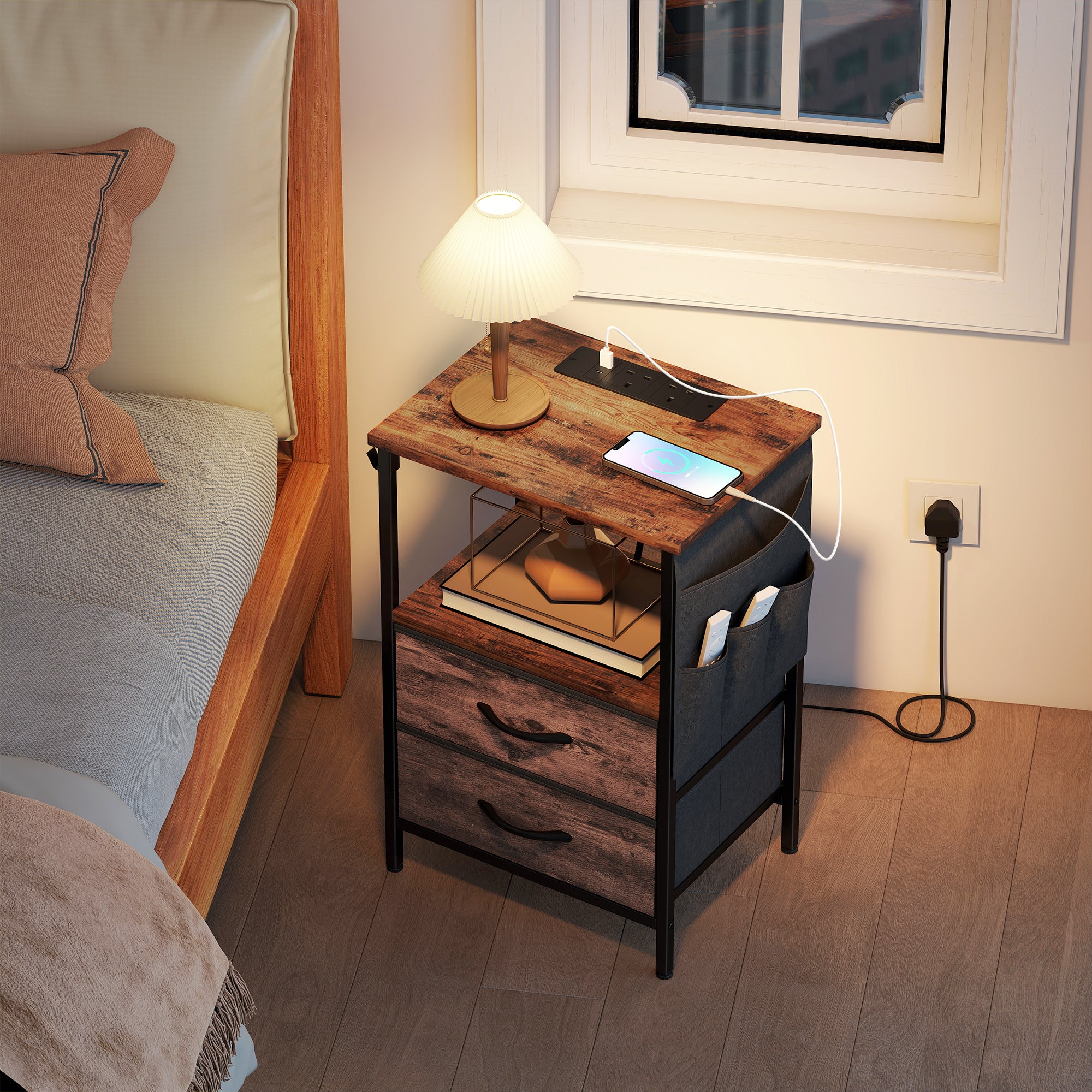 HOMCOM Bedside Table with Charging Station - Rustic Brown