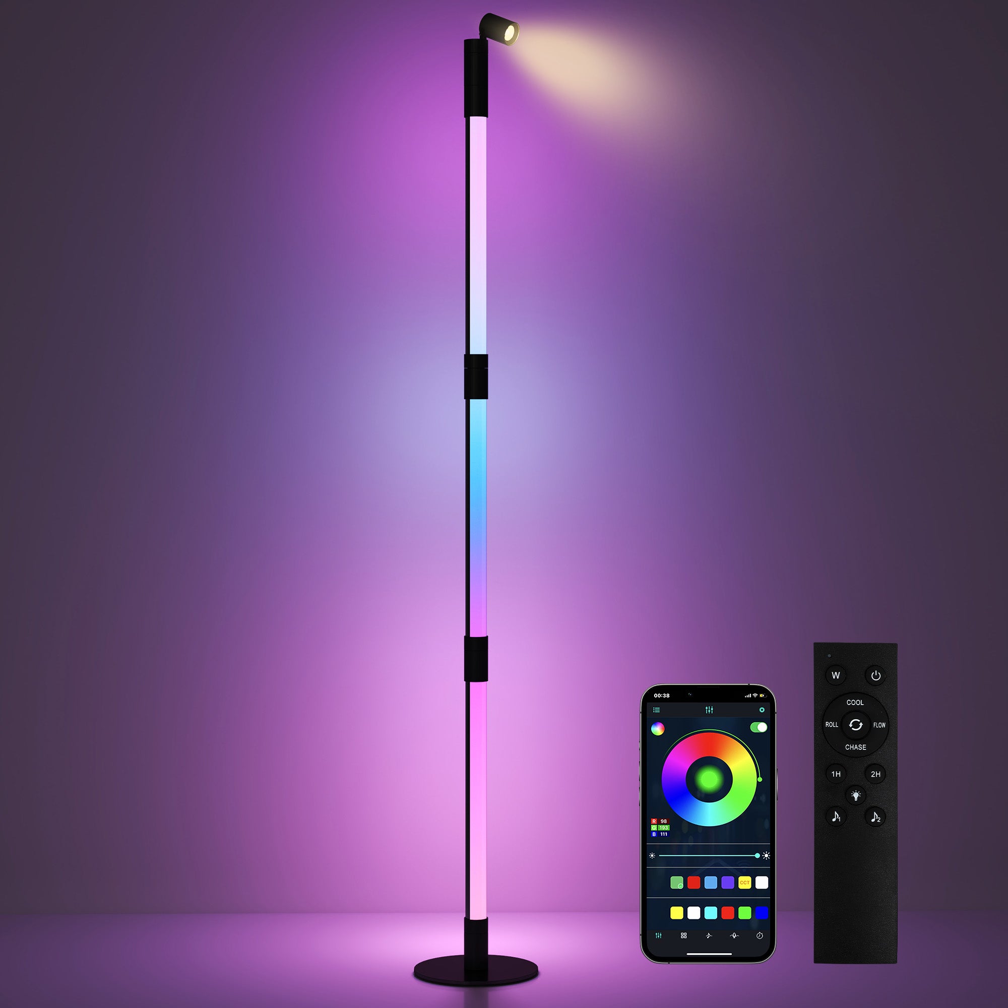 HOMCOM LED Floor Lamp with Reading Light, 360° RGB Detachable Corner Floor Lamp with App & Remote Control, Standing Lamp with Music Sync & Timing, for Living Room, Game Room, Dark Grey - North Peak Garden Furniture