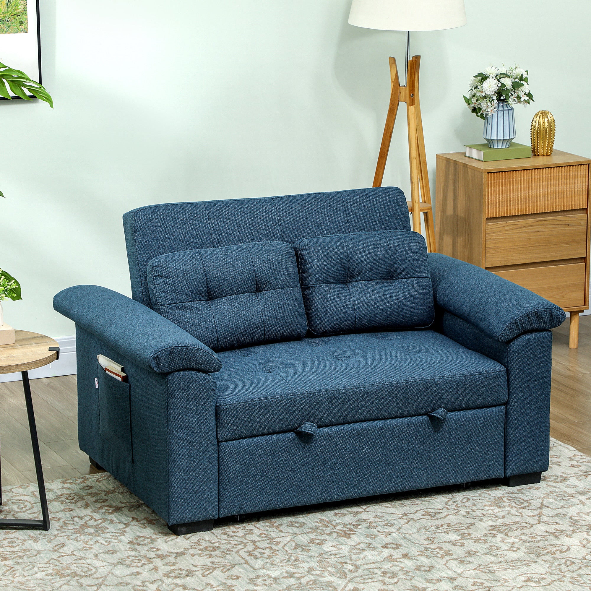 HOMCOM Pull Out Sofa Bed with 2 Pocket Springs, Fabric 2 Seater Click Clack Sofa Bed Settee, Convertible Sofa Couch with Pillows and Side Pockets for Living Room, Home Office, Blue - North Peak Garden Furniture