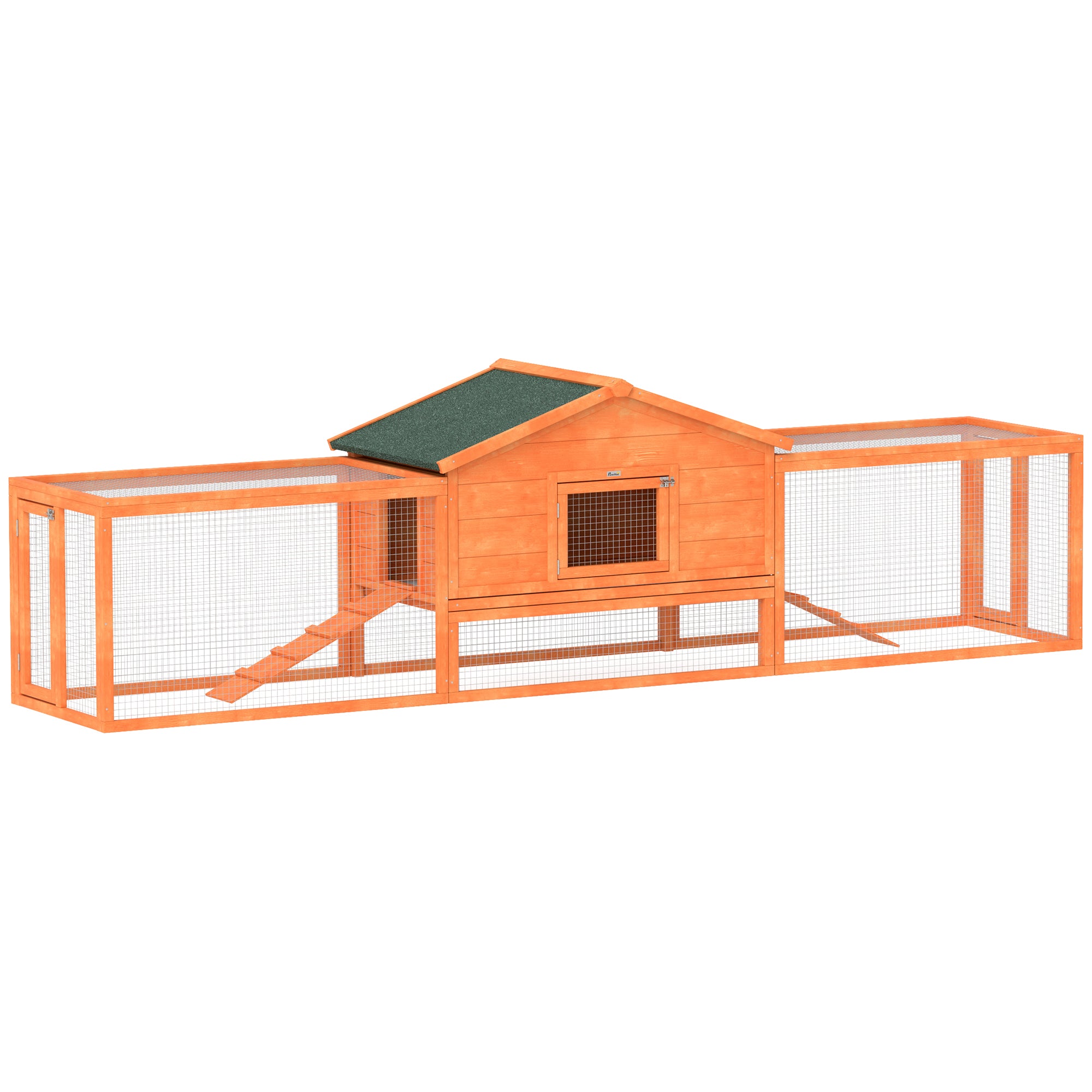 PawHut Wooden Rabbit Hutch with Run, Tray, Ramps, Asphalt Roof, 309 x 70 x 87cm, Orange - North Peak Garden Furniture