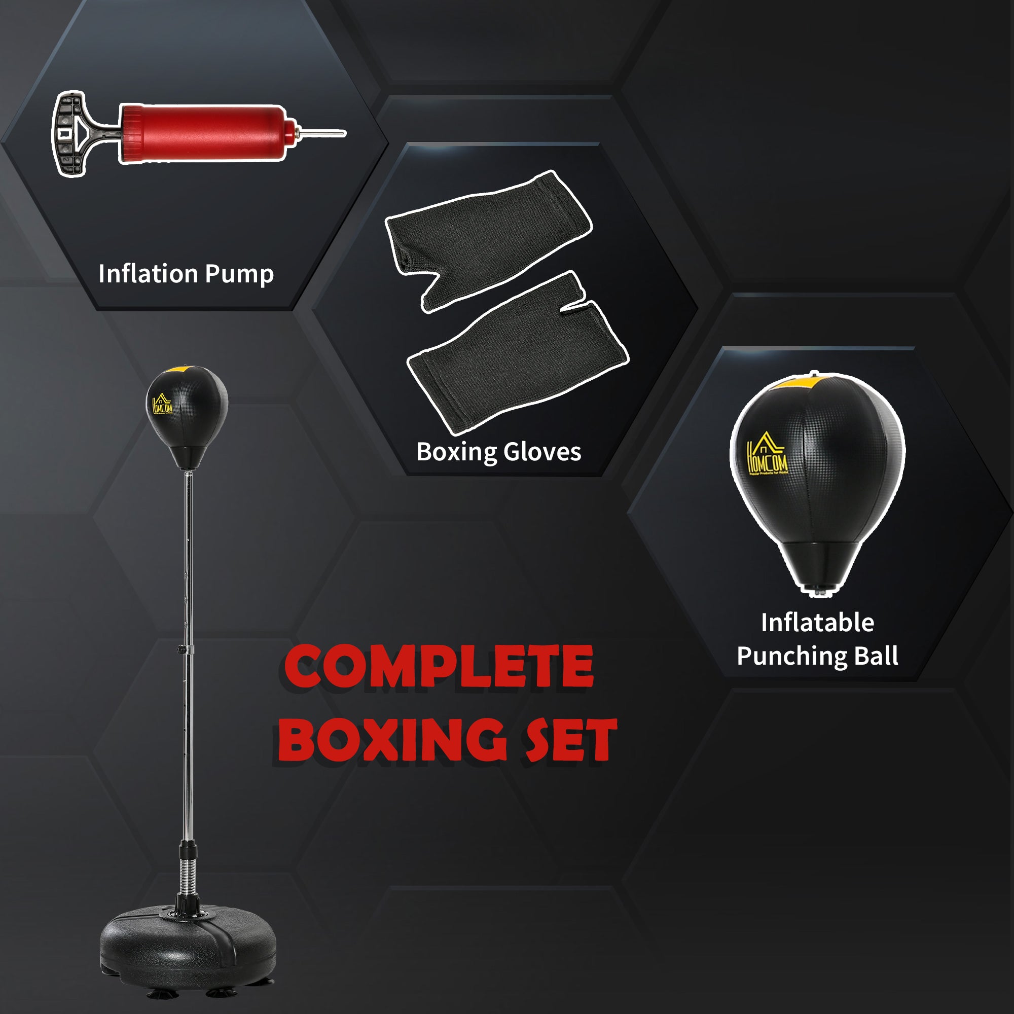 HOMCOM Punching Bag with Stand, Free Standing Boxing Bag Set, Speed Bag with Speedball Adjustable Height from 133cm to 151cm for Teens, Black, Gold Tone - North Peak Garden Furniture