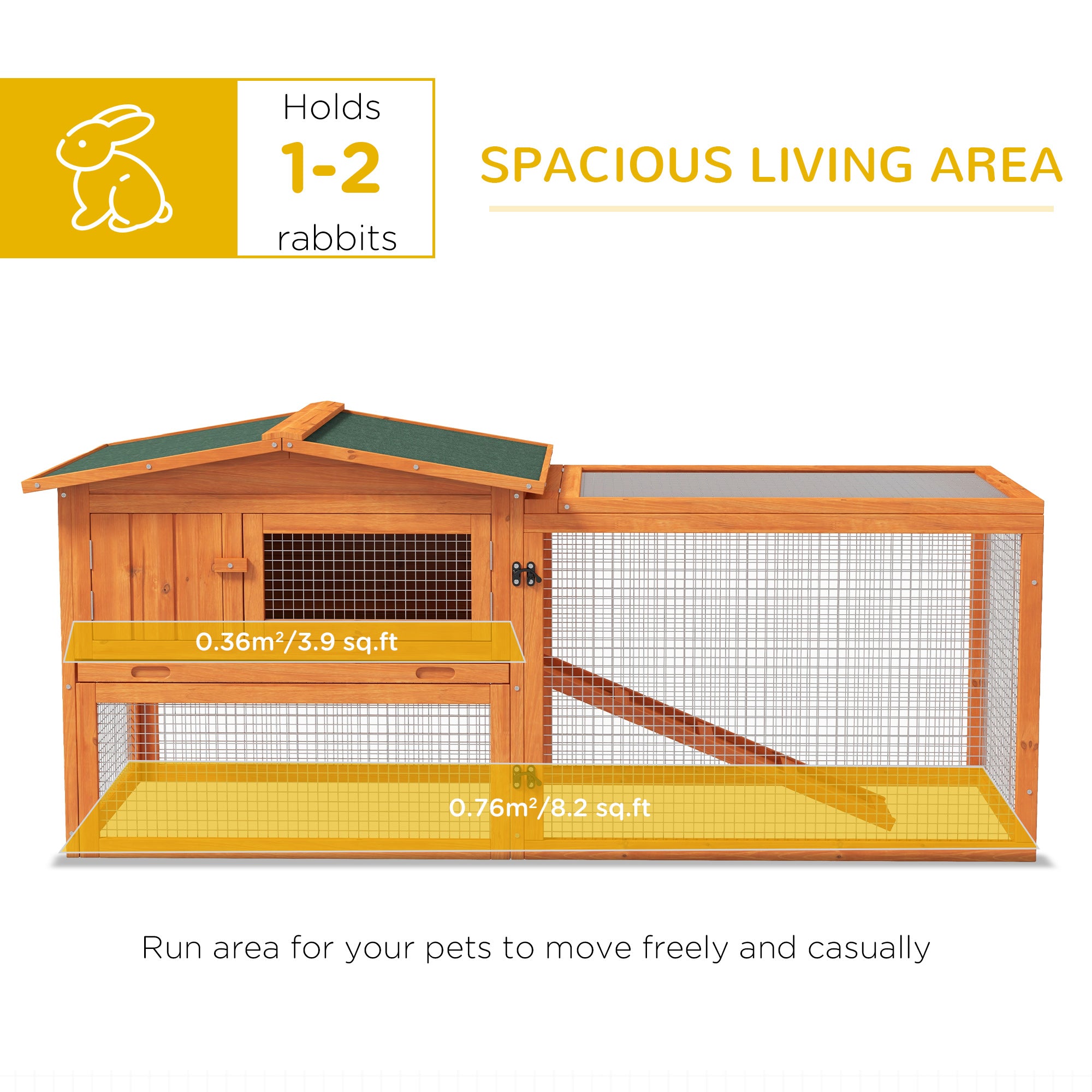 PawHut Rabbit Hutch with Run Wooden Guinea Pig Hutch Outdoor Bunny Cage Hide House with Sliding Tray, Hay Rack, Ramp, 156 x 58 x 68cm, Orange - North Peak Garden Furniture