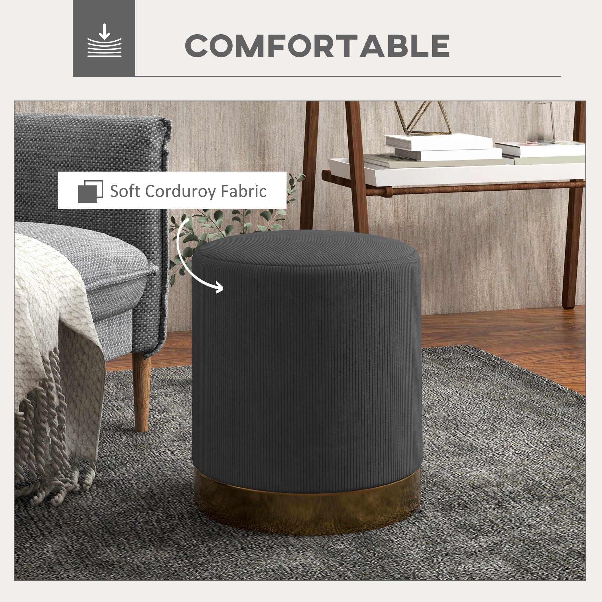 HOMCOM Soft Padded Corduroy Footstool - Charcoal Grey - North Peak Garden Furniture