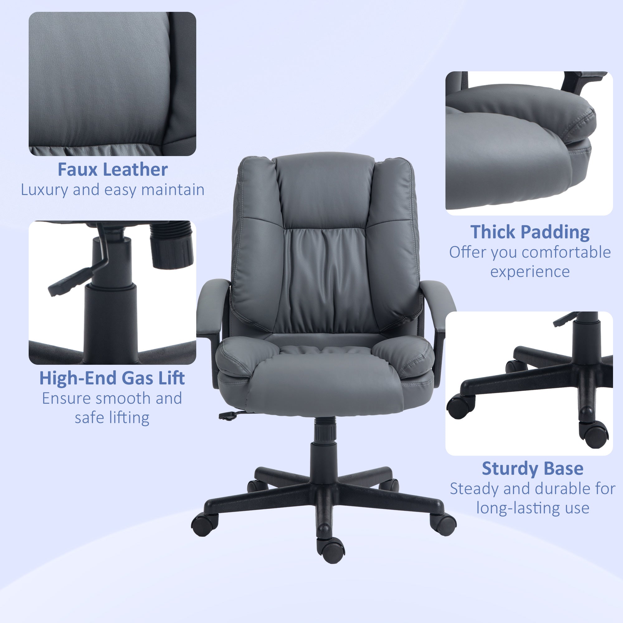 HOMCOM Office Chair, Faux Leather Computer Desk Chair, Mid Back Executive Chair with Adjustable Height and Swivel Rolling Wheels for Home Study, Dark Grey