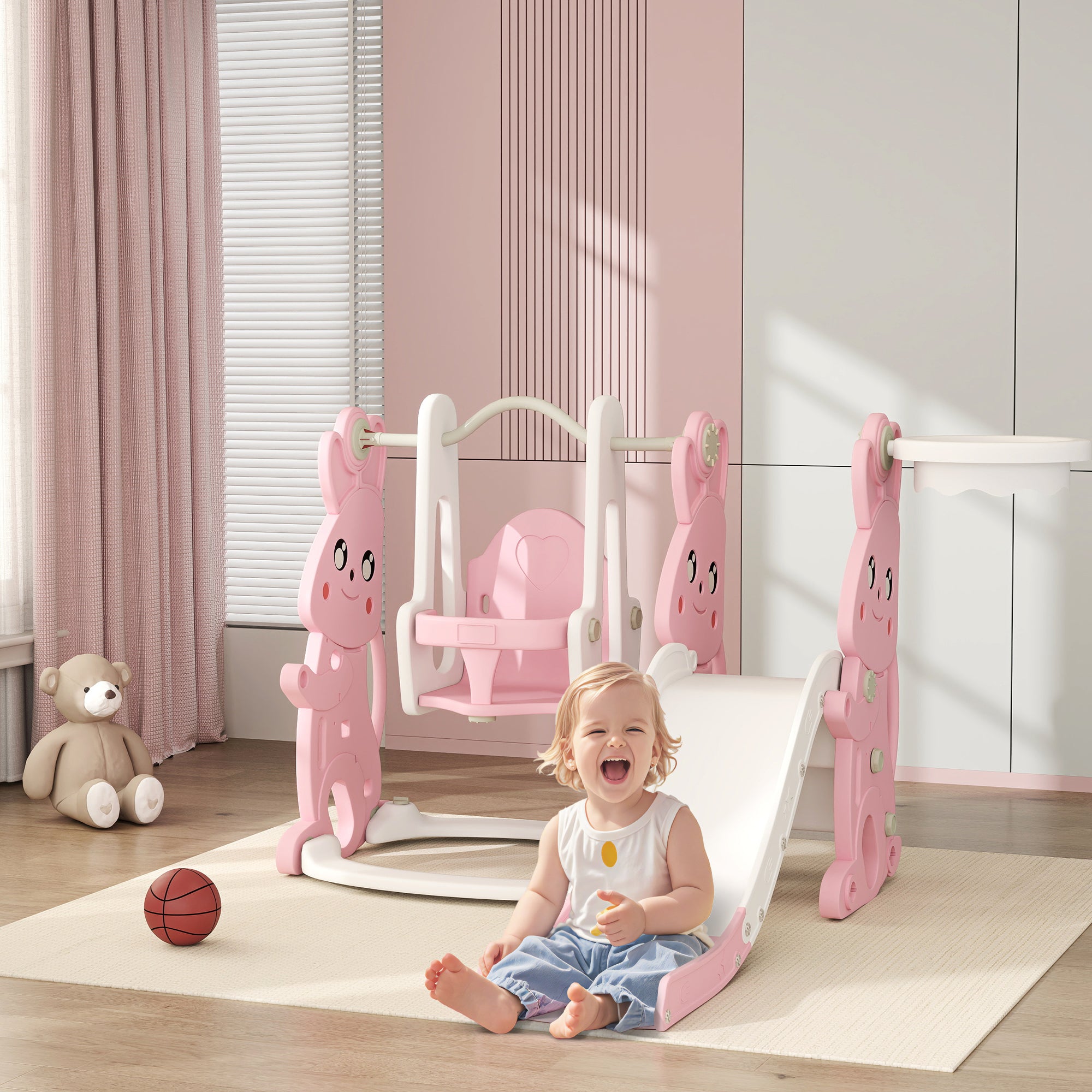 AIYAPLAY 4 in 1 Kids Slide and Swing Set with Climber, Basketball Hoop, Rabbit-Themed, Pink - North Peak Garden Furniture