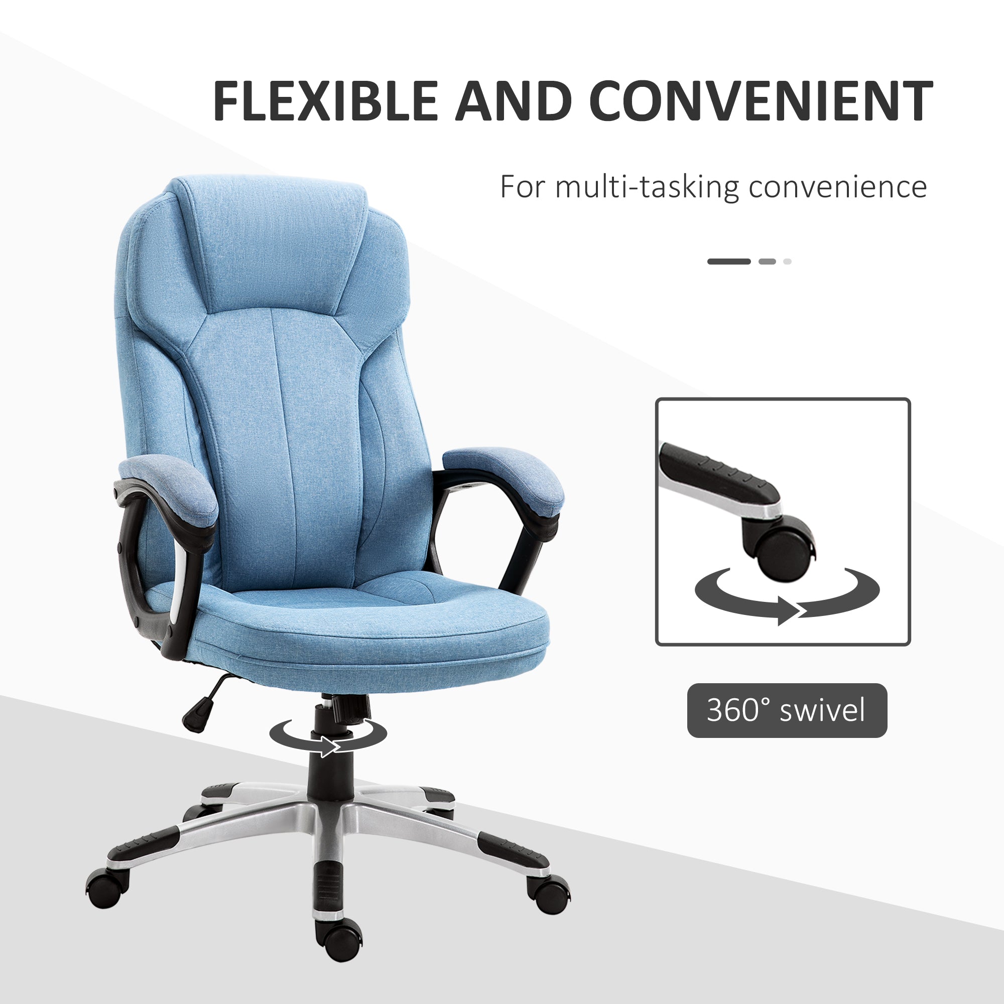 Vinsetto Office Chair, Linen Fabric Desk Chair, Height Adjustable Computer Chair with Padded Armrests, Swivel Wheels and Tilt Function, Blue - North Peak Garden Furniture