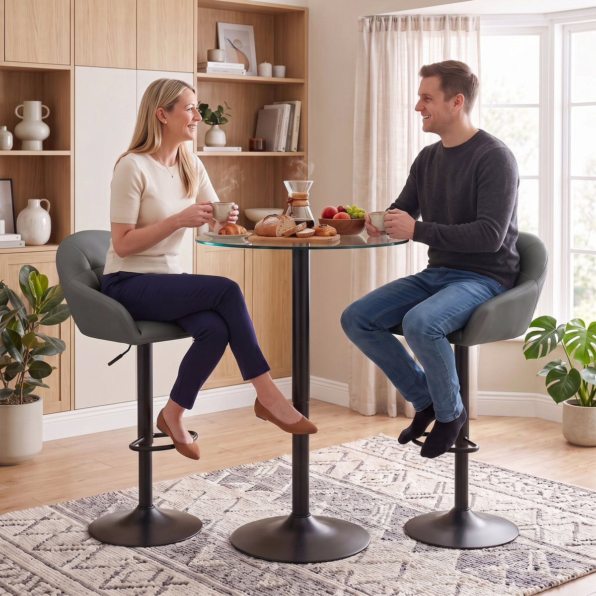 HOMCOM Bar Stools Adjustable Heights Breakfast Bar Stools Backrest Armrests Set of 2 with Rubber Ring Metal Base, Grey