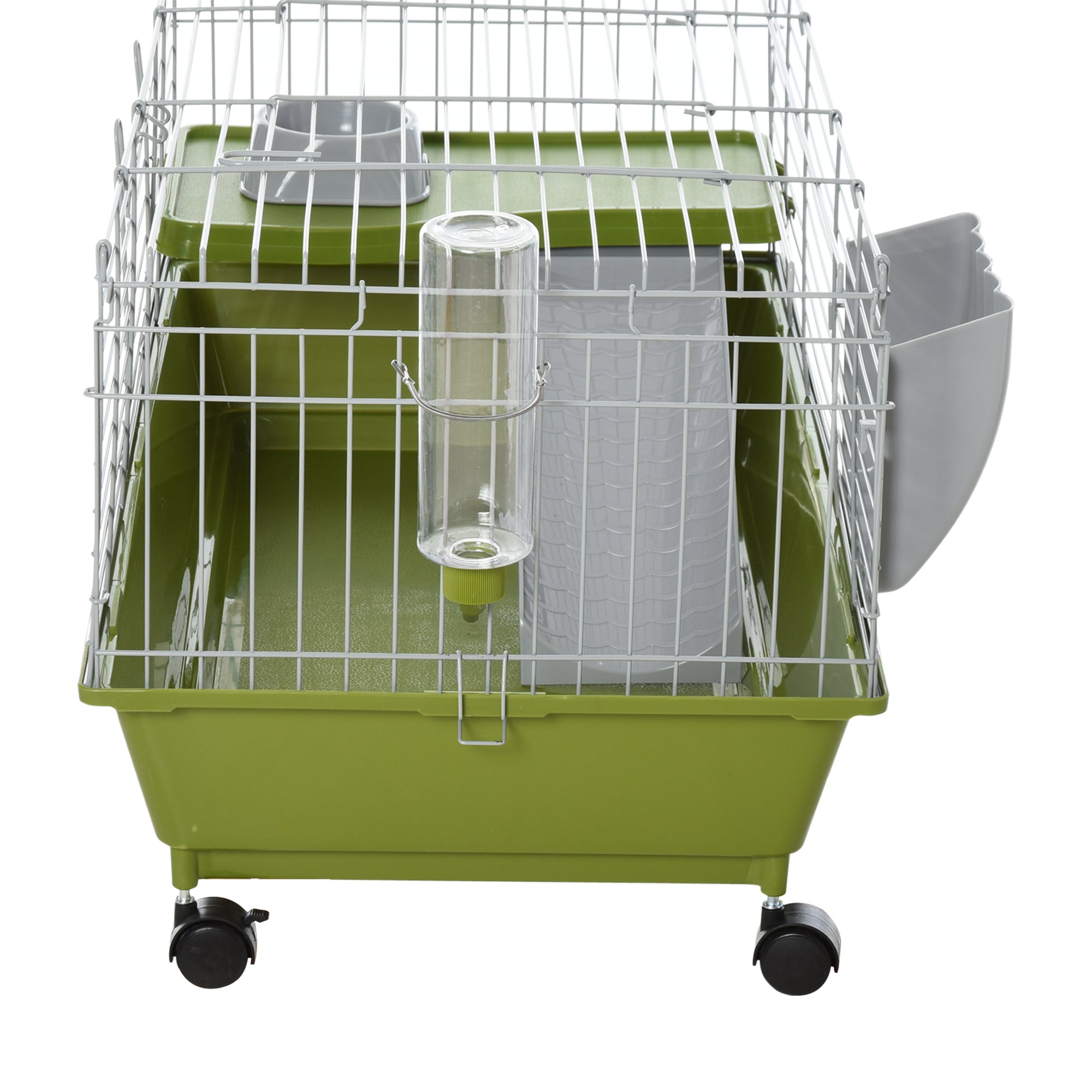 PawHut Small Animal Cage Rabbit Guinea Pigs Chinchillas Cage w/ Wheels Water Bottle Food Dish Platform Ramp 89 x 44 x 43 cm Green - North Peak Garden Furniture