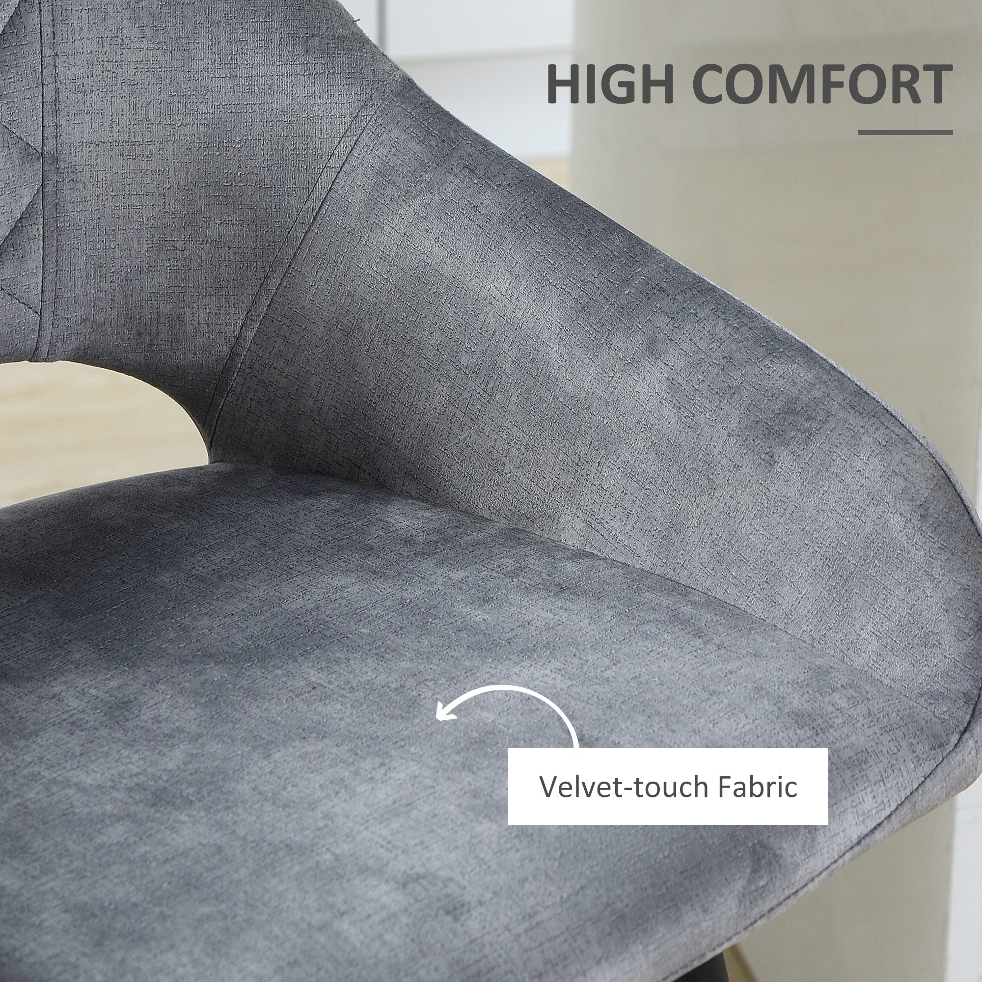 HOMCOM Bar Stools Set of 2, Velvet-Touch Fabric Counter Height Bar Chairs, Kitchen Stools with Steel Legs for Dining Area, Kitchen Island Barstools, Grey - North Peak Garden Furniture