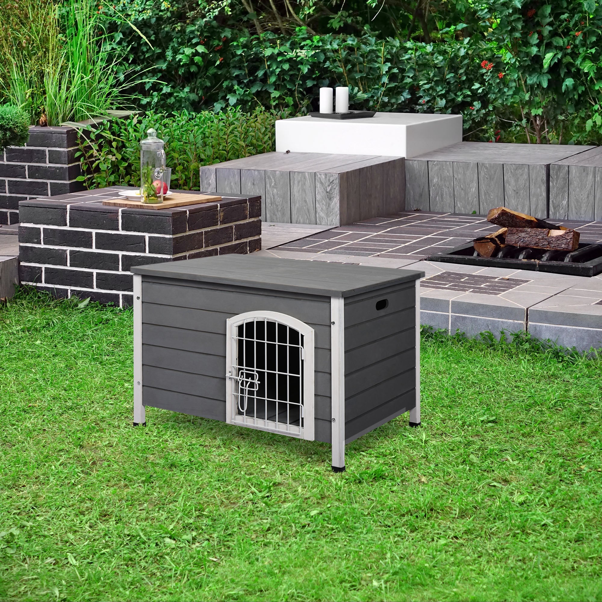 PawHut Wooden Dog Crate, Lockable Kennel for Small Animals, Openable Top, Durable Pet House, Grey