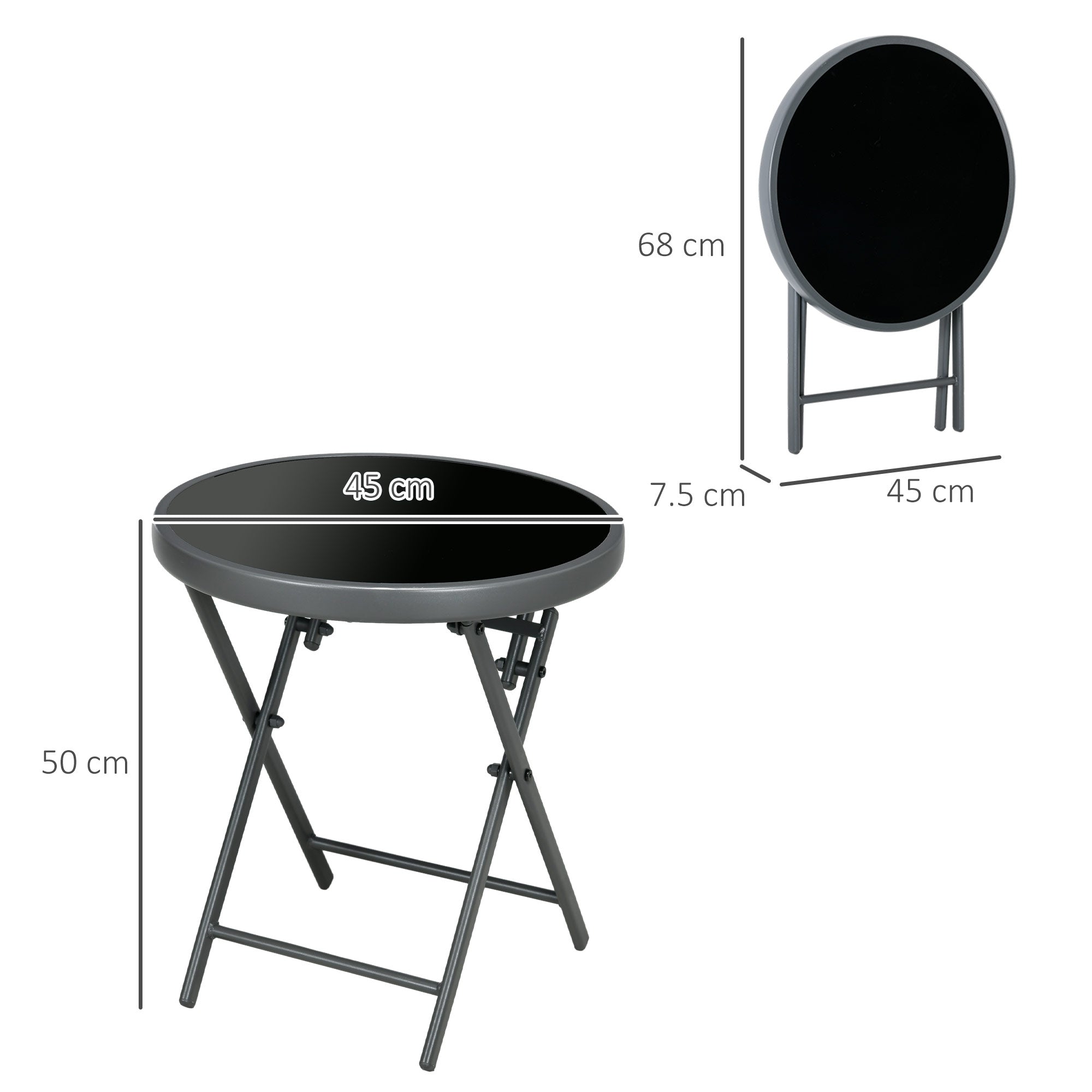 Outsunny Φ45cm Garden Side Table, Outdoor Round Folding Patio Table with Imitation Marble Glass Top, Small Coffee Table, Black - North Peak Garden Furniture