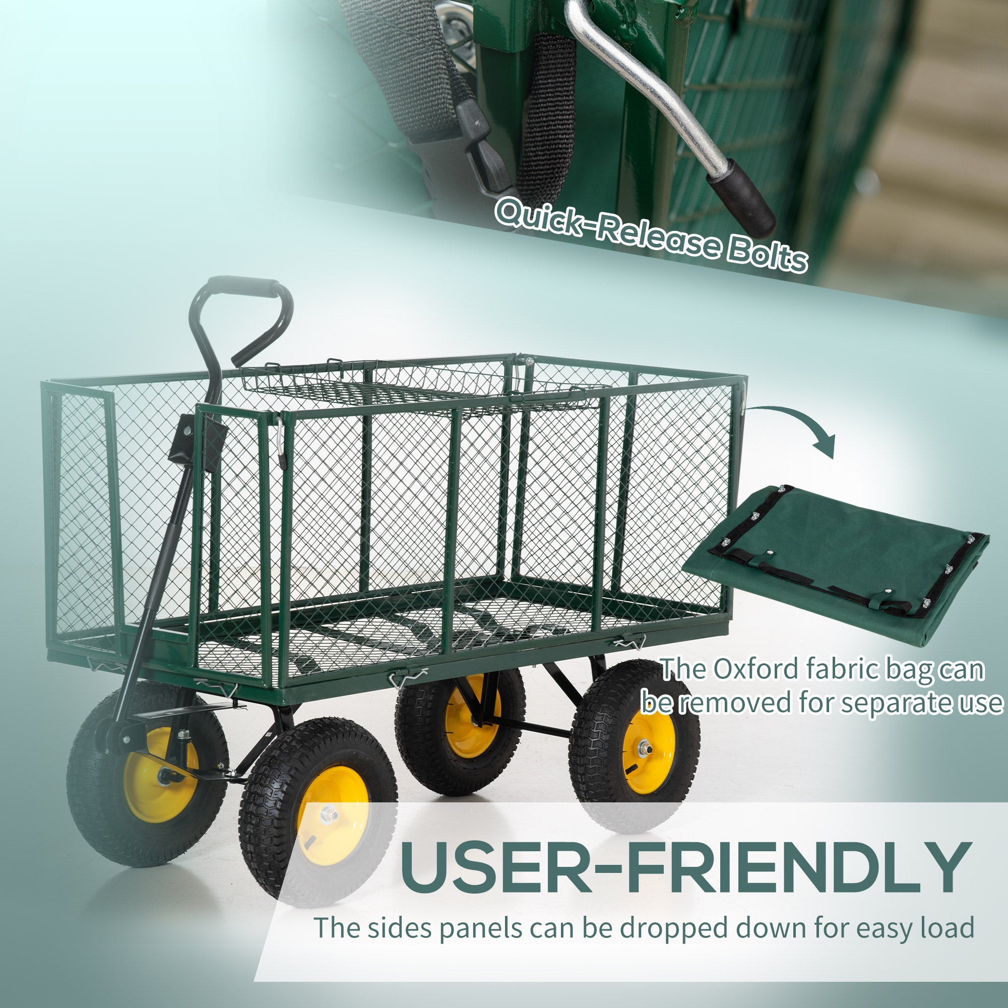 Outsunny Large 4 Wheel Heavy Duty Garden Cart Truck Trolley Wheelbarrow with Handle and Metal Frame - Green - North Peak Garden Furniture