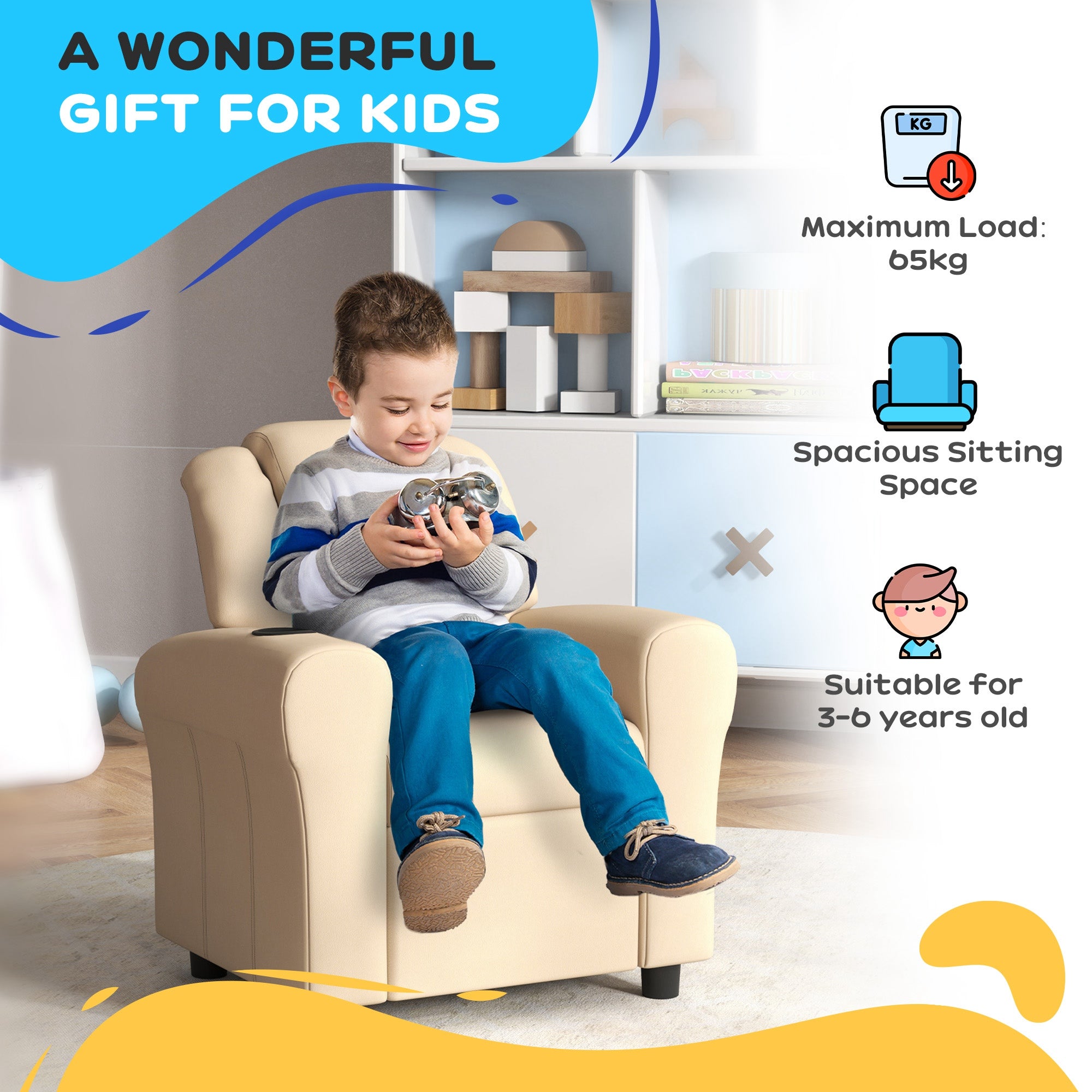 HOMCOM Kids Recliner Chair, PU Leather with Adjustable Backrest, Footrest, Padded Headrest, Beige - North Peak Garden Furniture