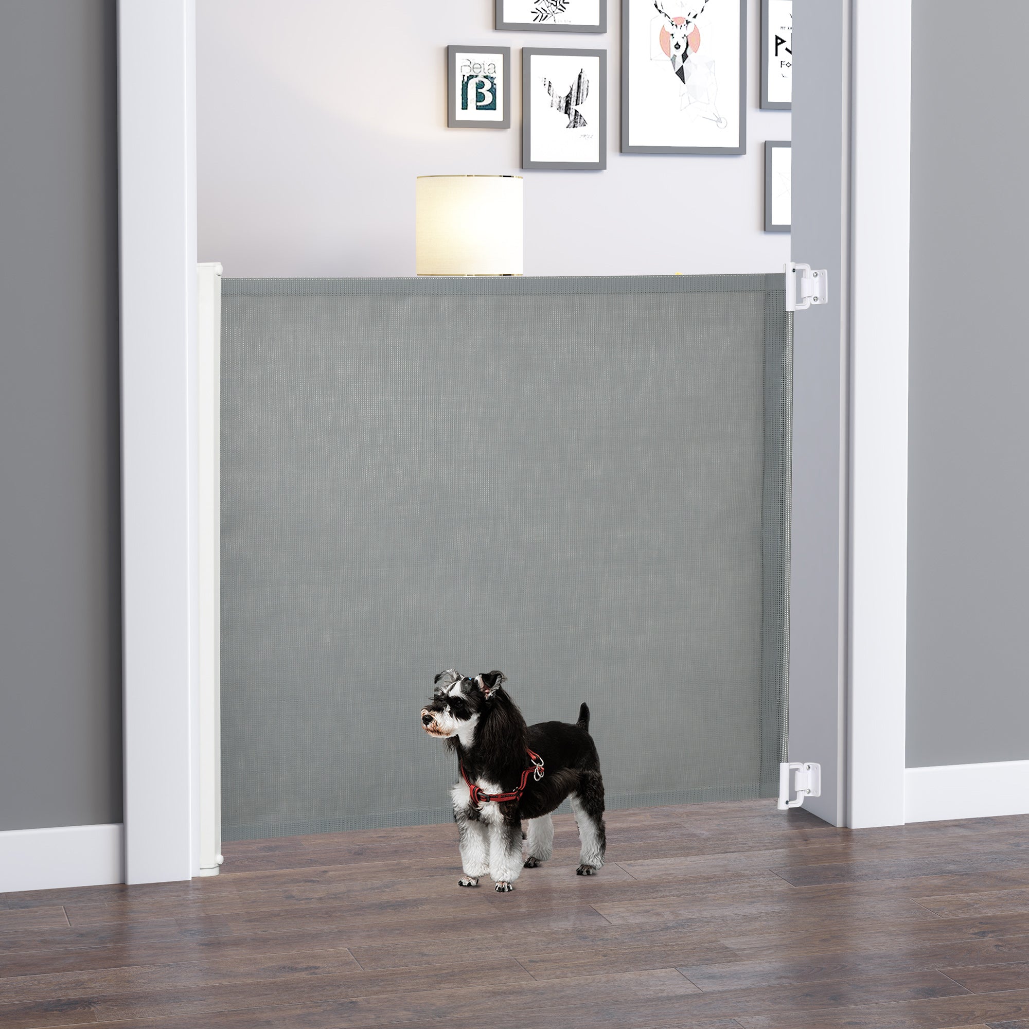 PawHut Retractable Safety Gate, Dog Pet Barrier, Folding Protector, for Home, Doorway, Stairs, 82.5H x 115Lcm - Grey - North Peak Garden Furniture