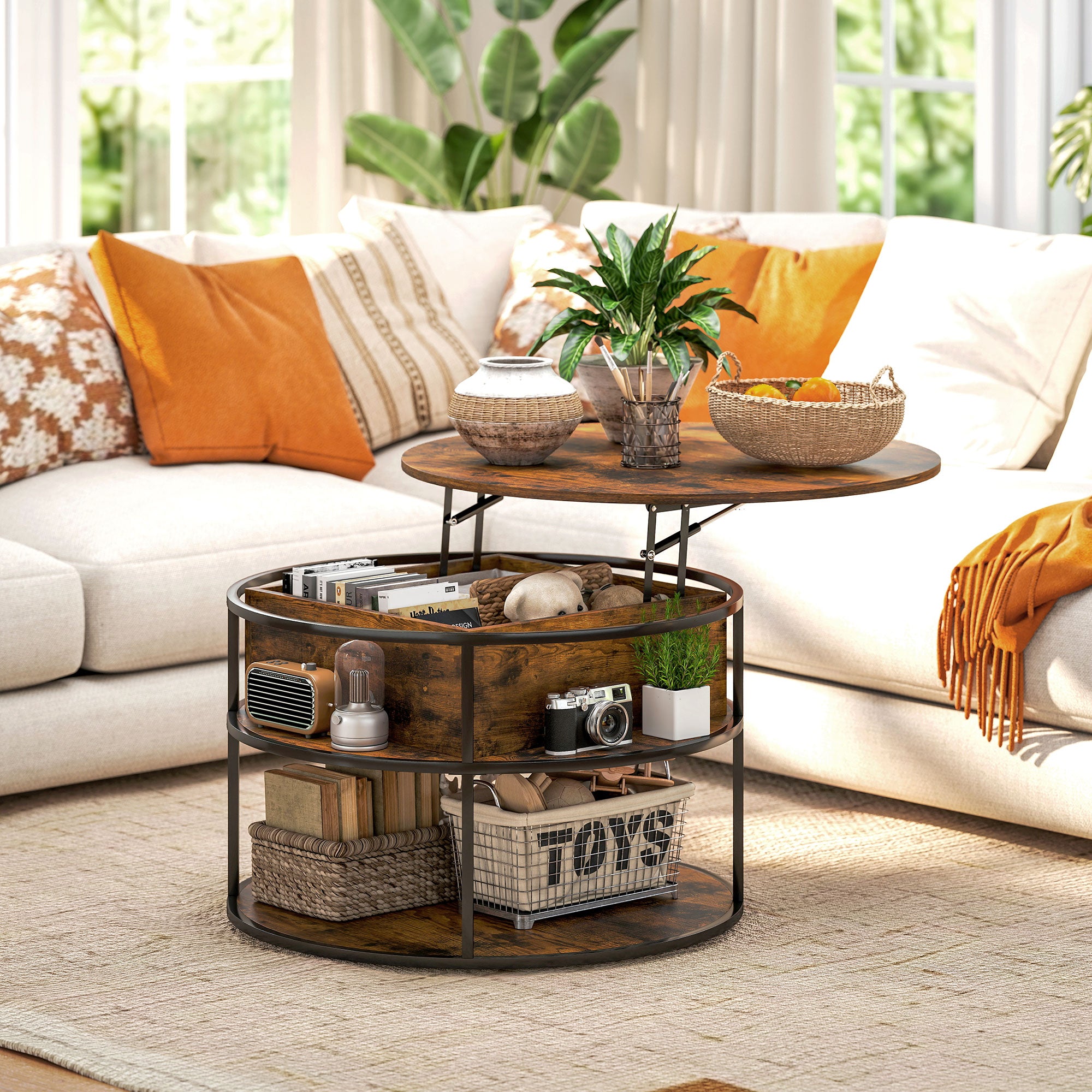 HOMCOM Lift Top Coffee Table, Round Coffee Table with Storage Shelf, Hidden Compartment and Steel Frame for Living Room, Home Office, Brown - North Peak Garden Furniture