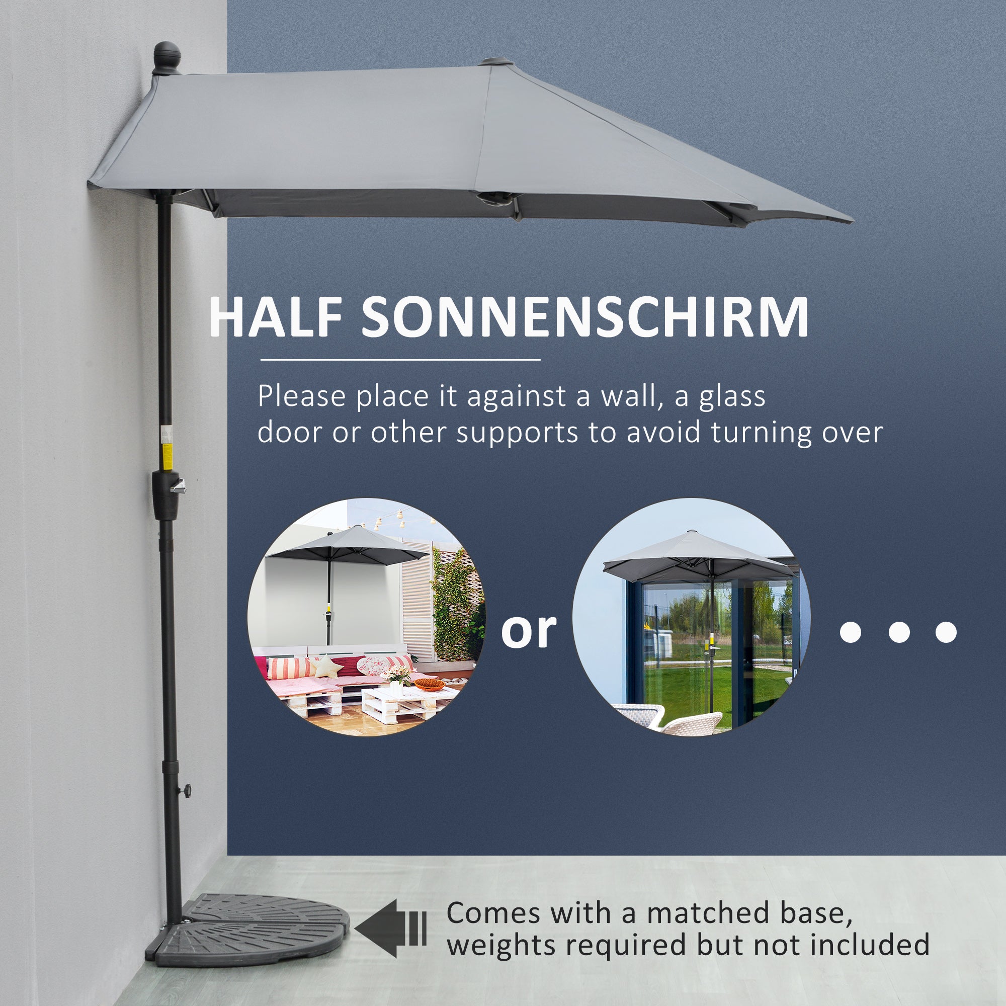 Outsunny 2m Half Parasol Market Umbrella Garden Balcony Parasol with Crank Handle, Base, Double-Sided Canopy, Dark Grey - North Peak Garden Furniture