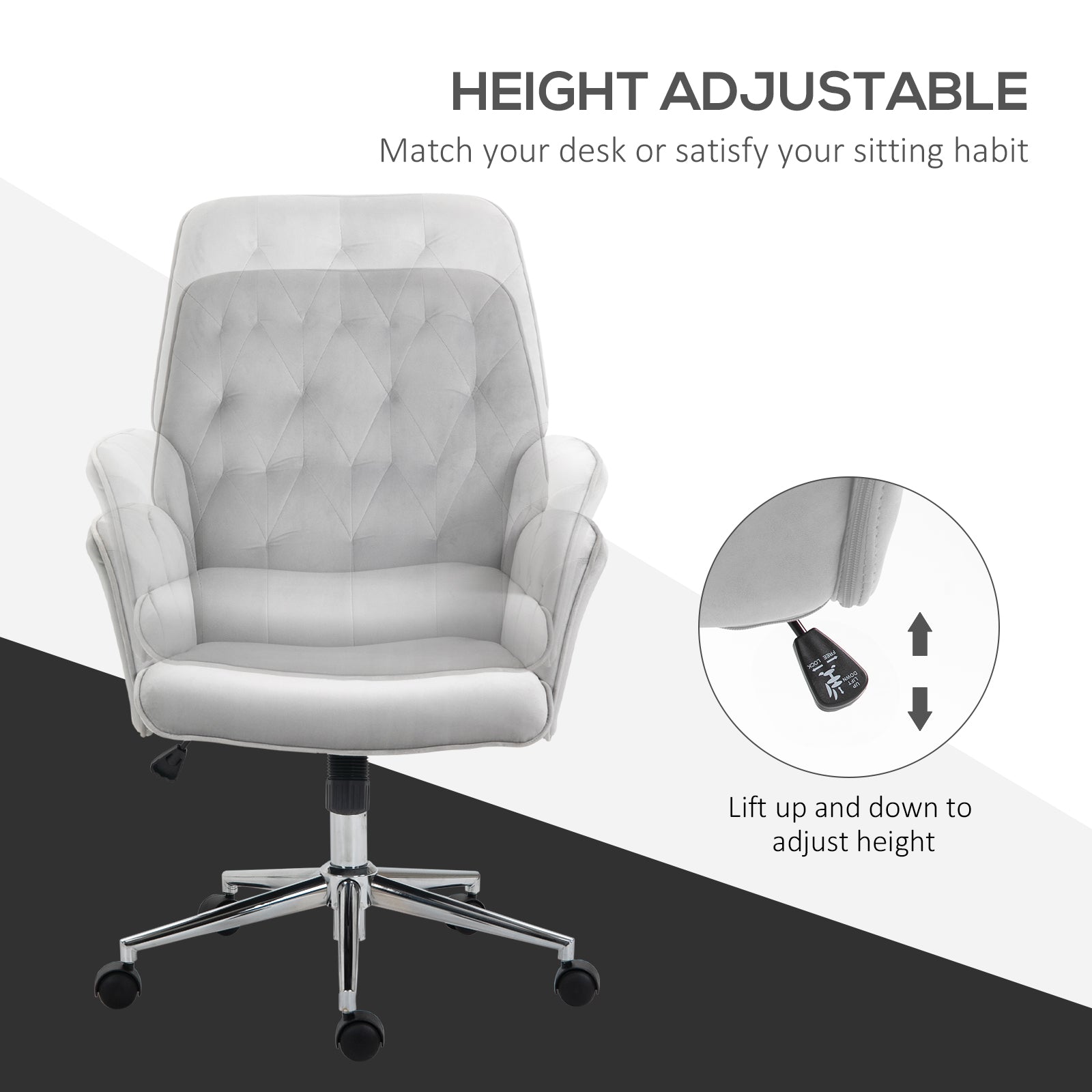 Vinsetto Linen Computer Chair with Armrest, Modern Swivel Chair with Adjustable Height, Light Grey - North Peak Garden Furniture
