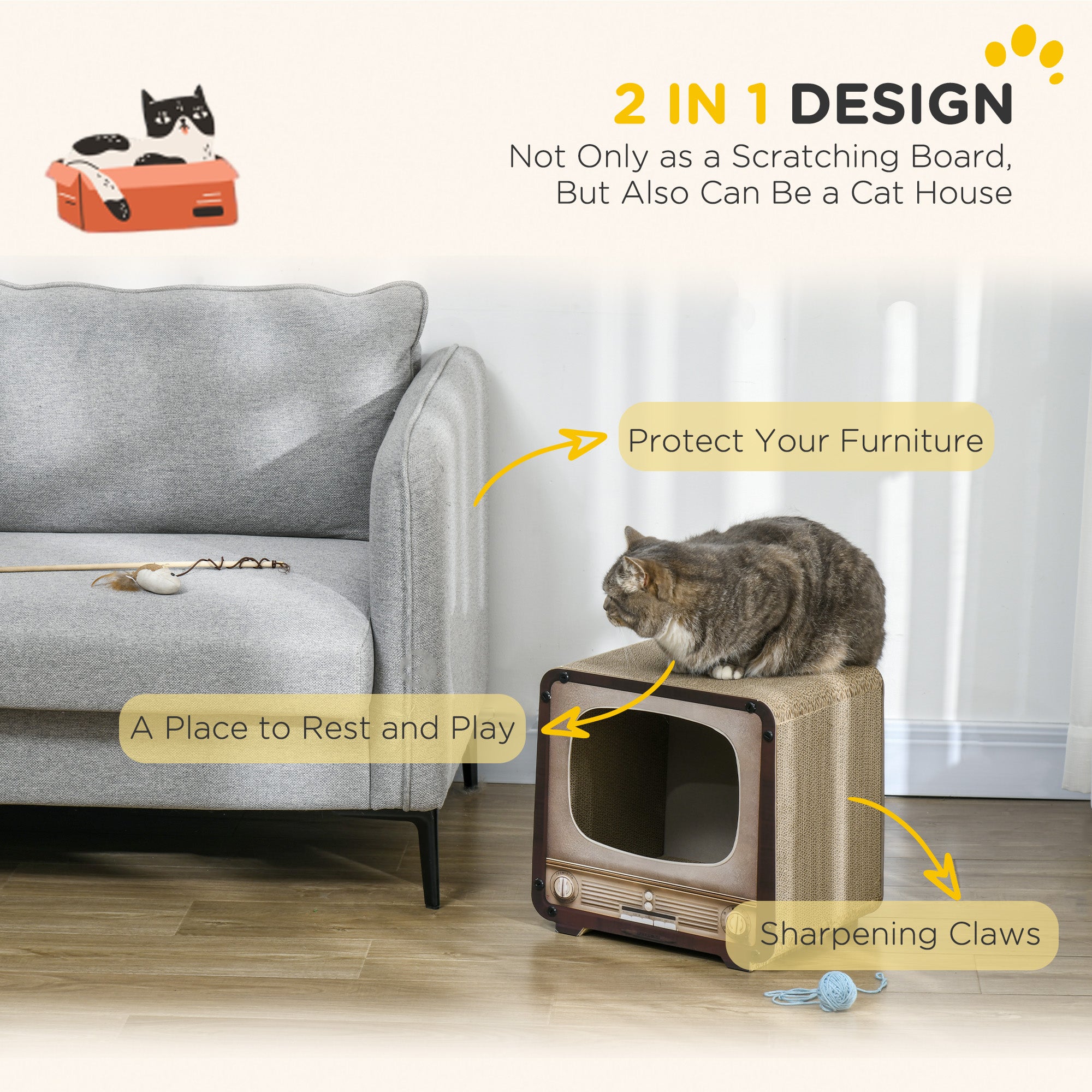 PawHut 2 in 1 TV Shape Cat Scratching Board House with Catnip, for Indoor Cats, Brown - North Peak Garden Furniture