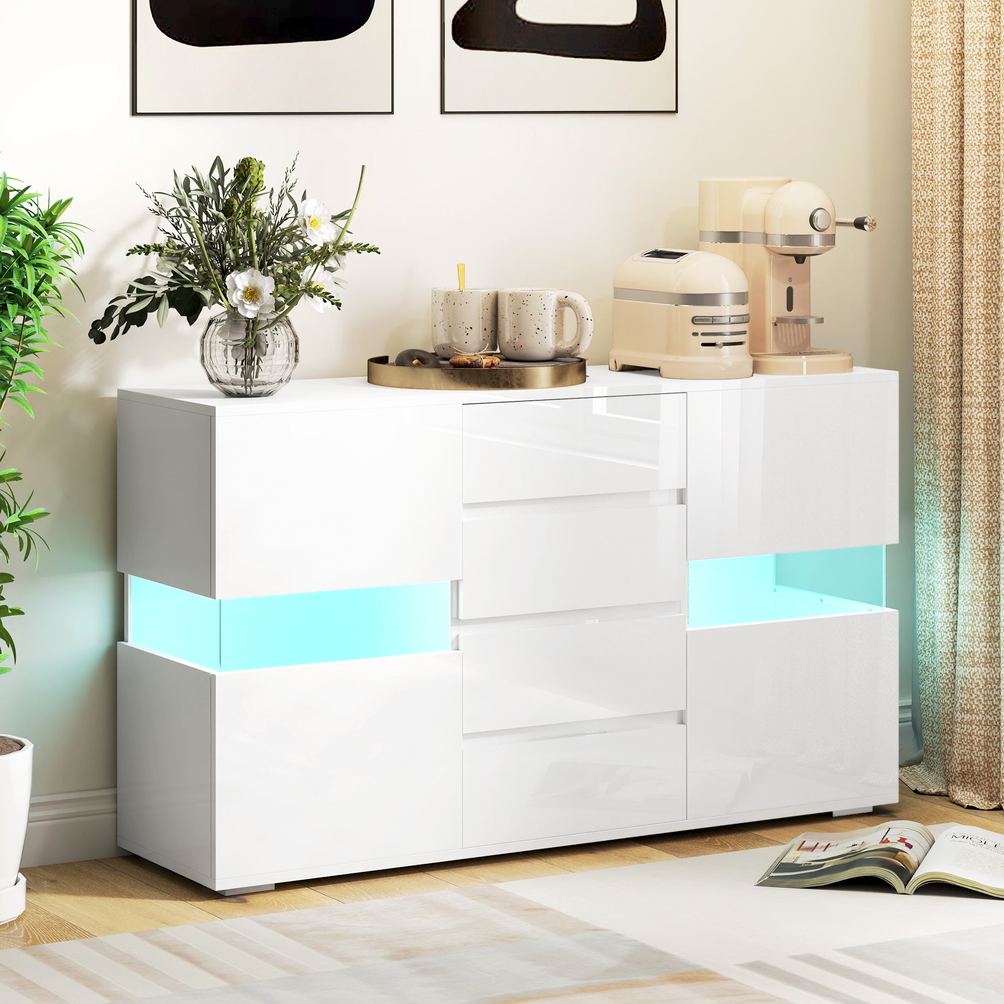 HOMCOM LED Light Sideboard - High Gloss White - North Peak Garden Furniture
