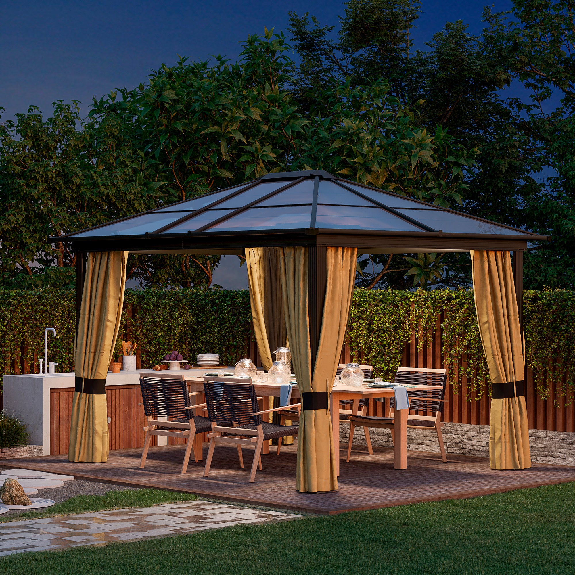 Outsunny 3 x 3.6m Polycarbonate Hardtop Gazebo with LED Solar Light and Aluminium Frame, Garden Pavilion with Mosquito Netting and Curtains - North Peak Garden Furniture