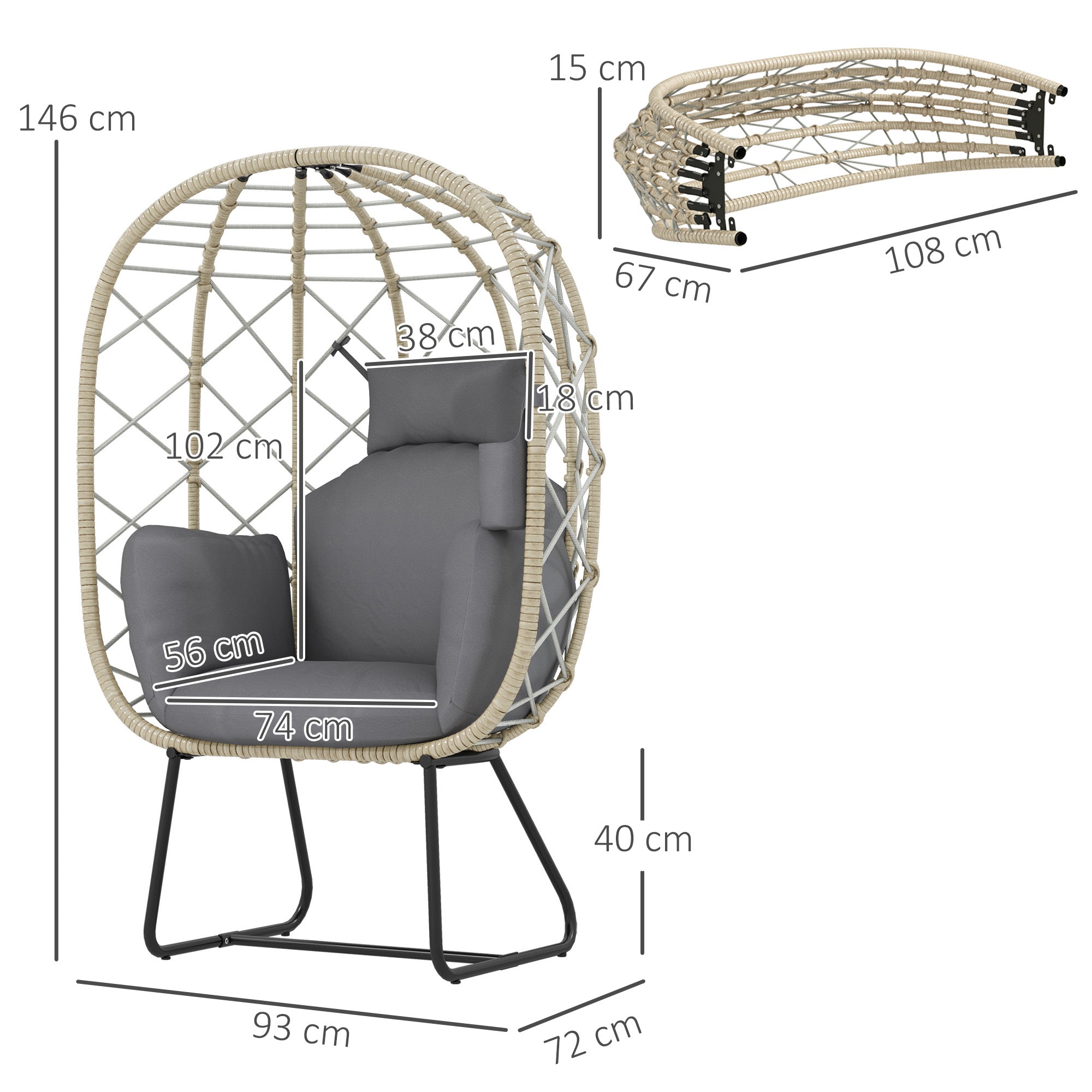 Outsunny Rattan Egg Chair Outdoor Indoor Wicker Chair with Thickened Cushion and Headrest, Standing Garden Egg Chair with Cup Holder, Metal Frame for Patio, Balcony, Grey - North Peak Garden Furniture