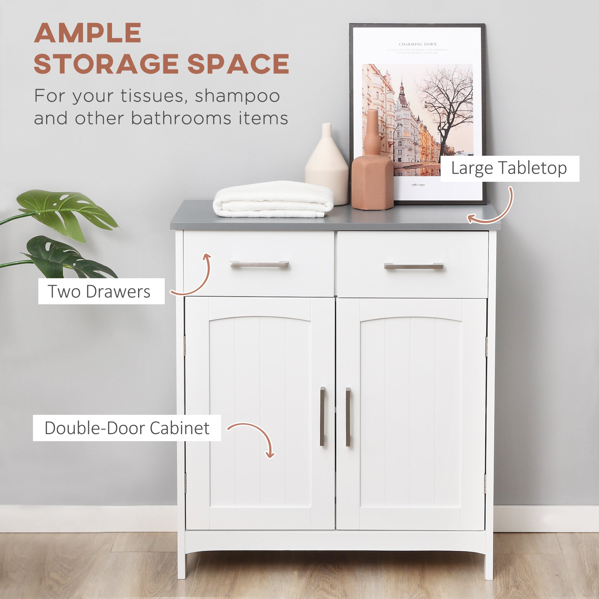 kleankin Freestanding Bathroom Cabinet, Storage Cupboard with 2 Drawers, Double Doors, Adjustable Shelf, White - North Peak Garden Furniture
