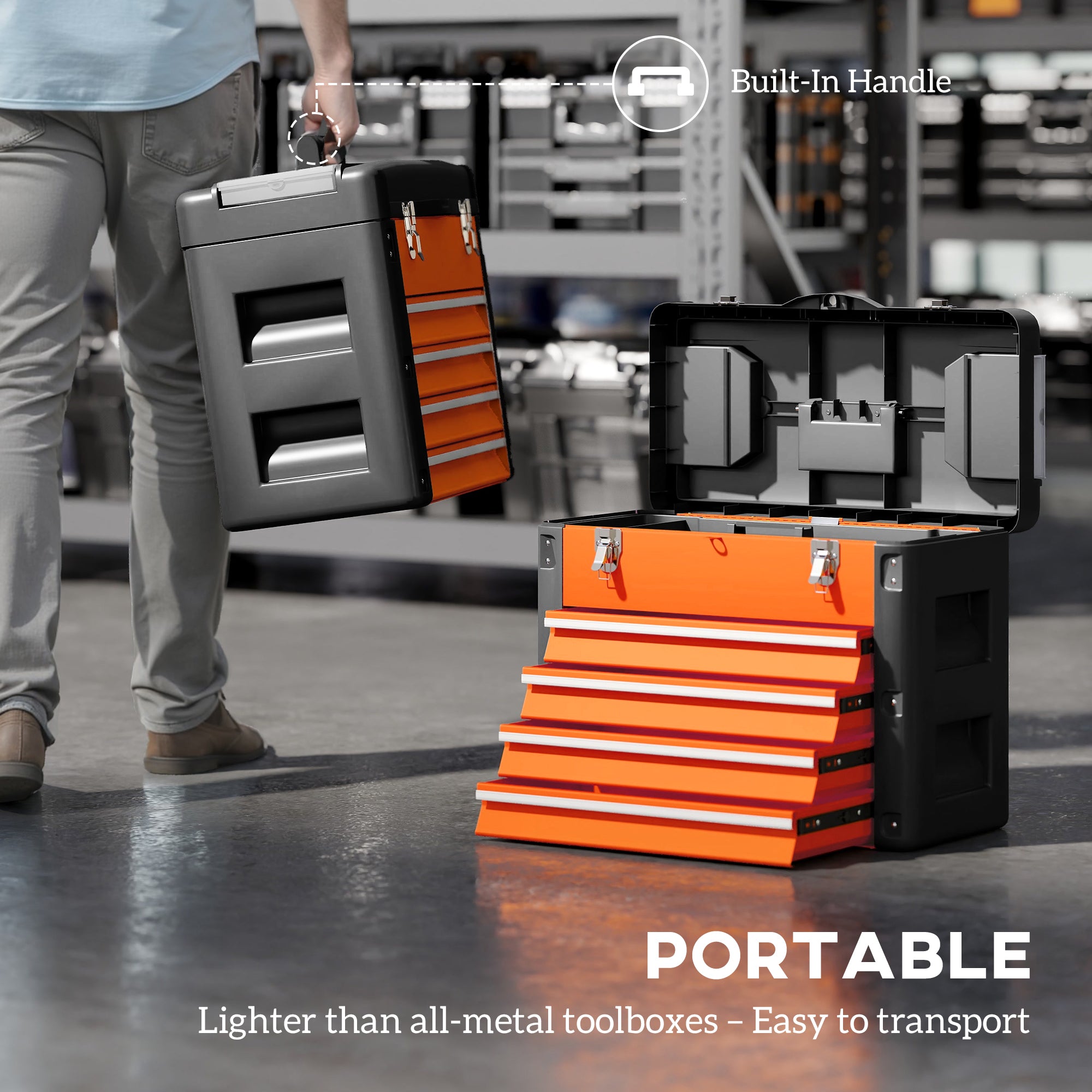 HOMCOM 4 Drawers Large Toolbox - Orange - North Peak Garden Furniture