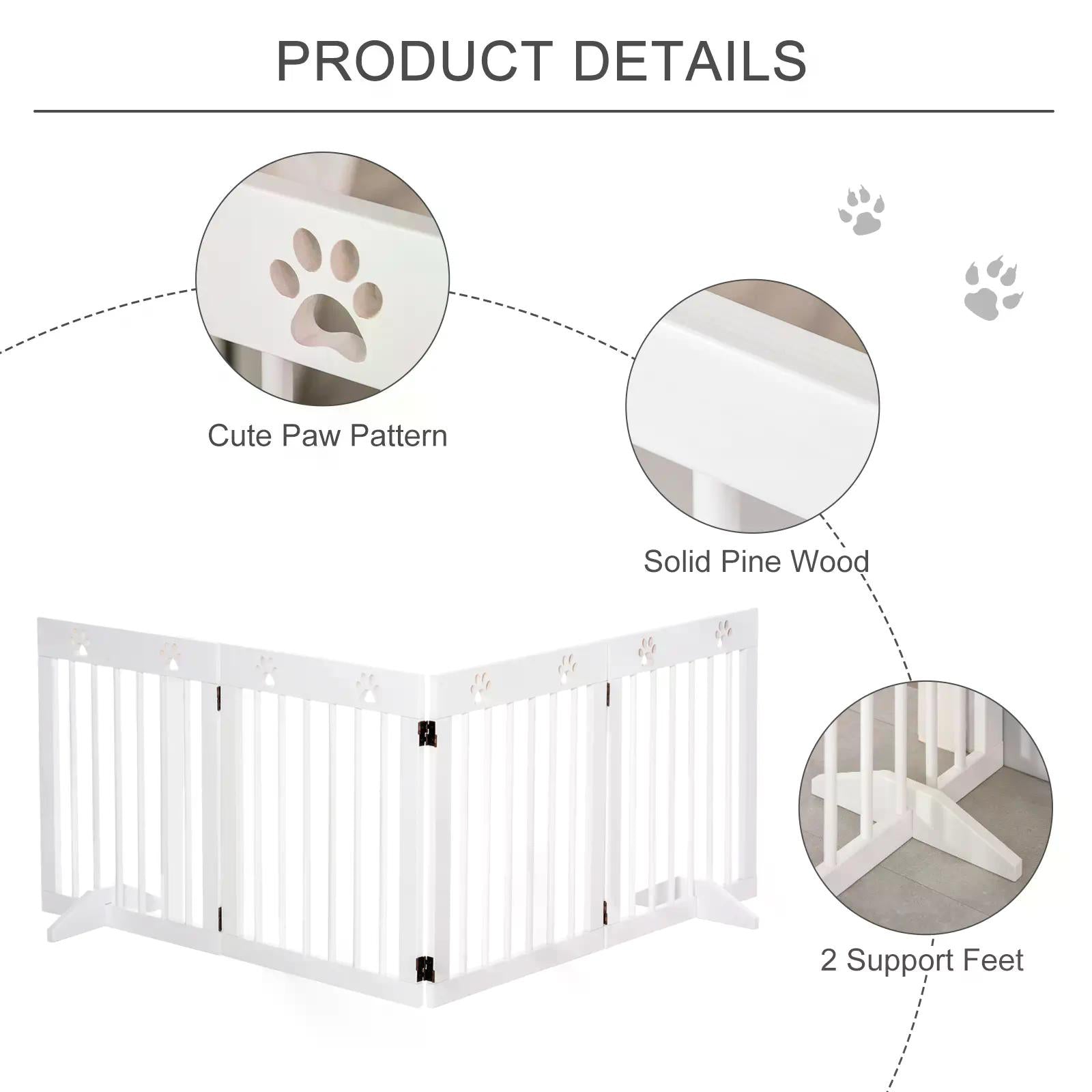 PawHut Pet Gate 4 Panel Folding Wooden Dog Barrier Freestanding Dog Gate For Stairs w/ Support Feet