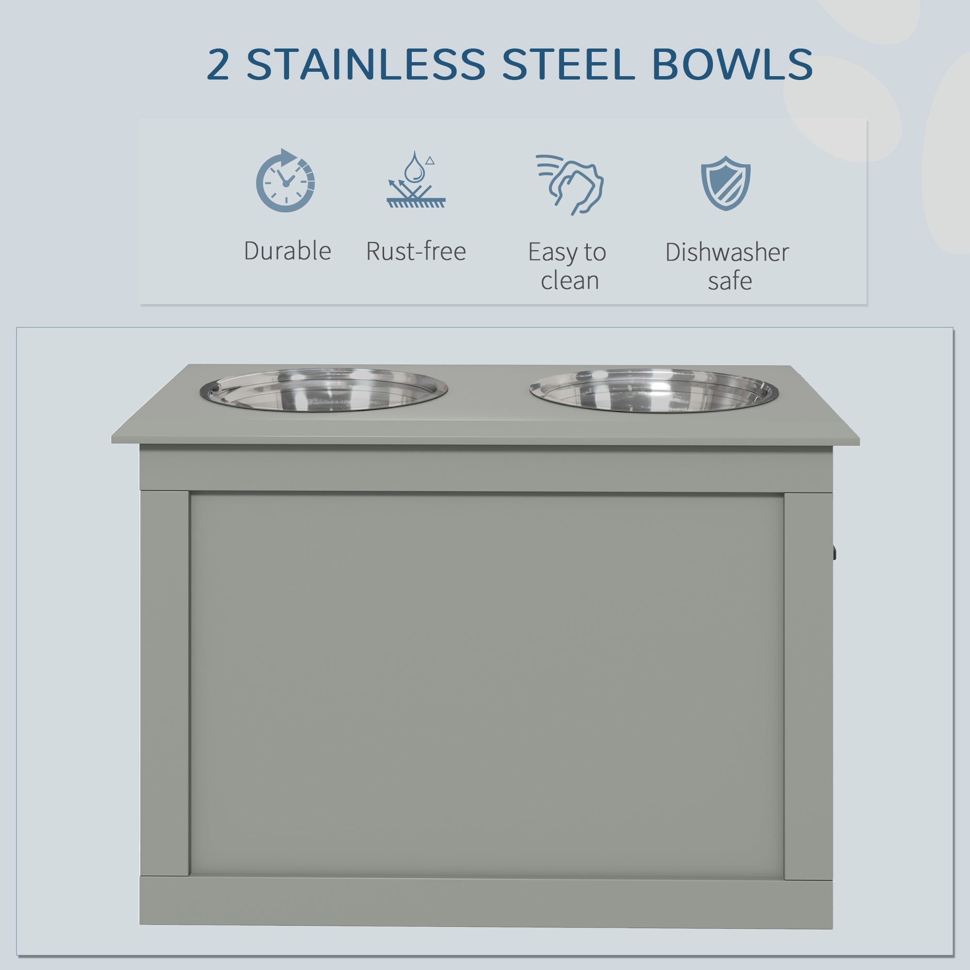 PawHut Raised Dog Bowls, with Storage, Two Stainless Steel Bowls, Elevated Base - Grey - North Peak Garden Furniture