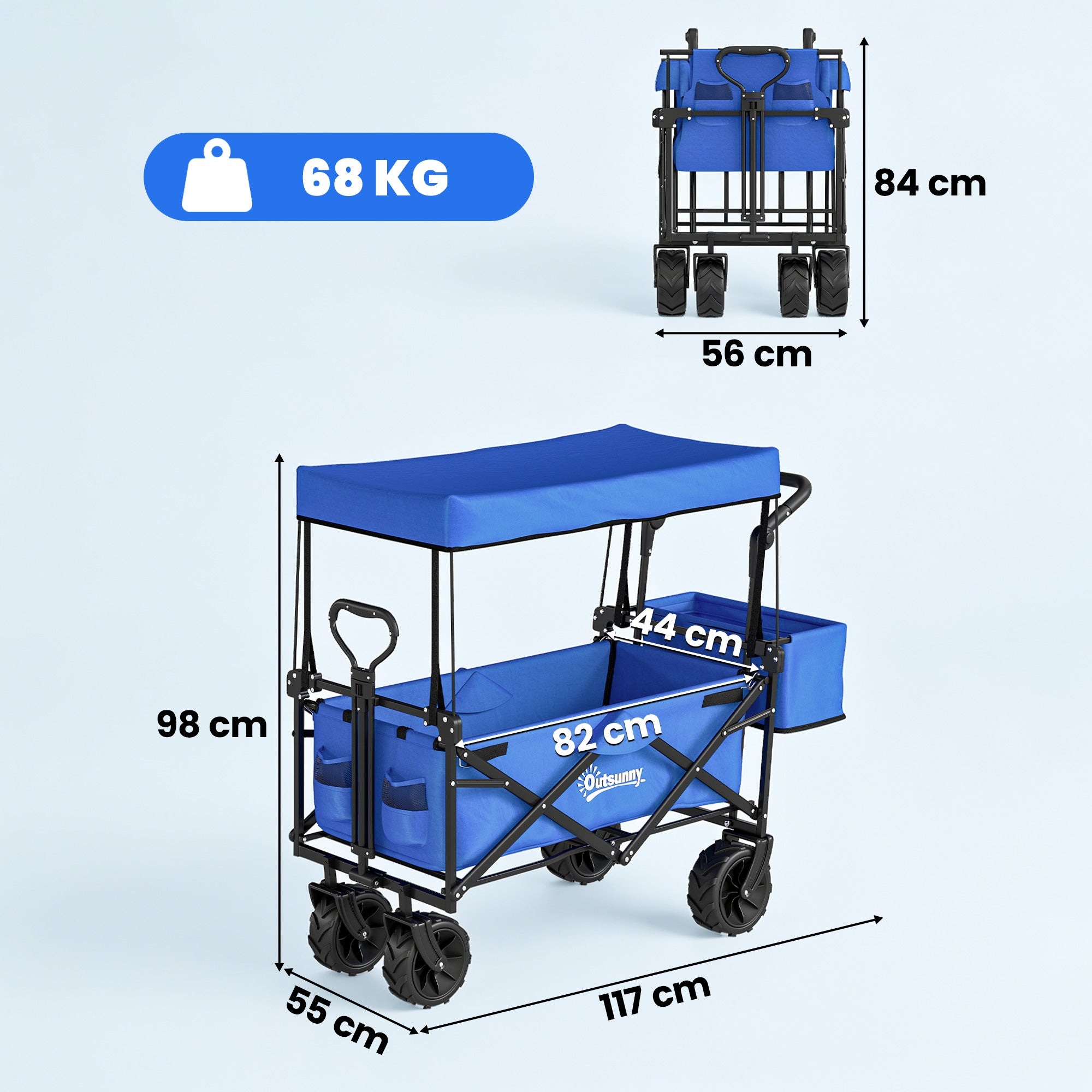 Outsunny Folding Trolley Cart Storage Wagon Beach Trailer 4 Wheels with Handle Overhead Canopy Cart Push Pull for Camping, Blue