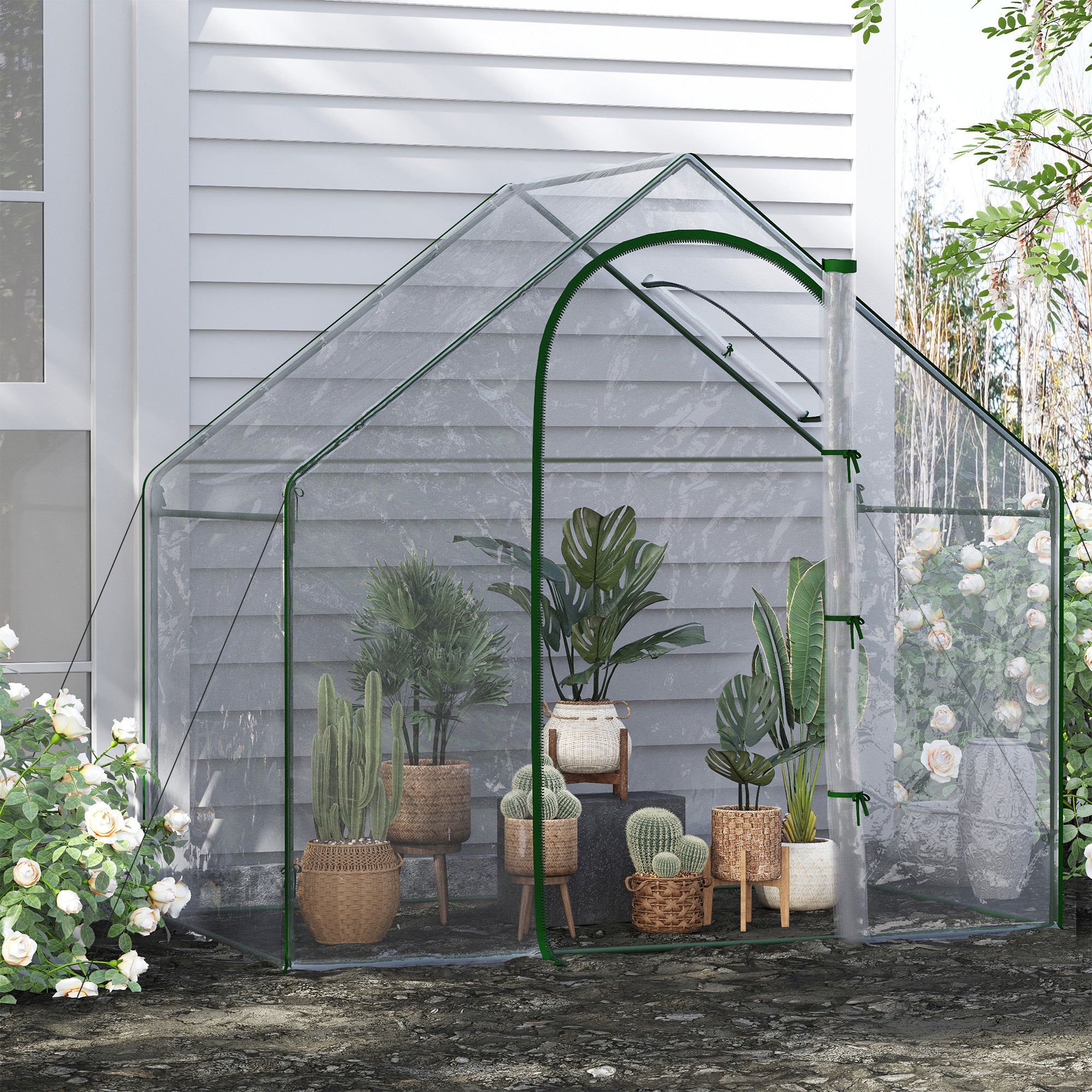 Outsunny Walk In PVC Greenhouse Garden Outdoor Flower Planter Steel Frame w/ Zipped Door & Window 180 x 100 x 168CM White - North Peak Garden Furniture