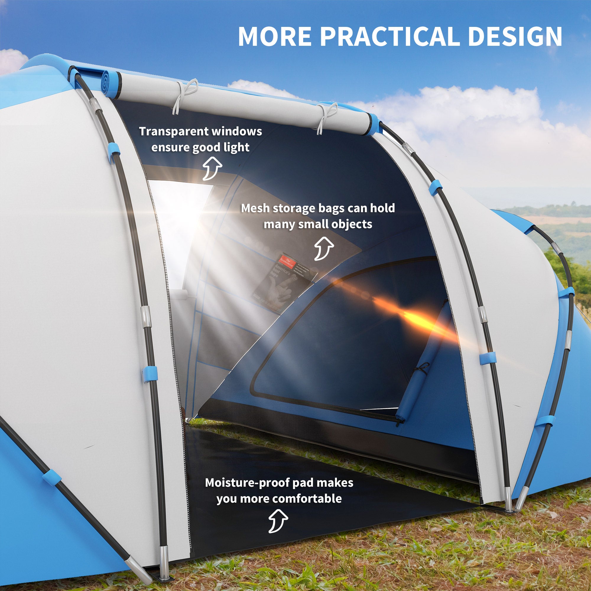 Outsunny 4-6 Man Camping Tent w/ Two Bedroom, Hiking Sun Shelter, UV Protection Tunnel Tent, Blue and White - North Peak Garden Furniture
