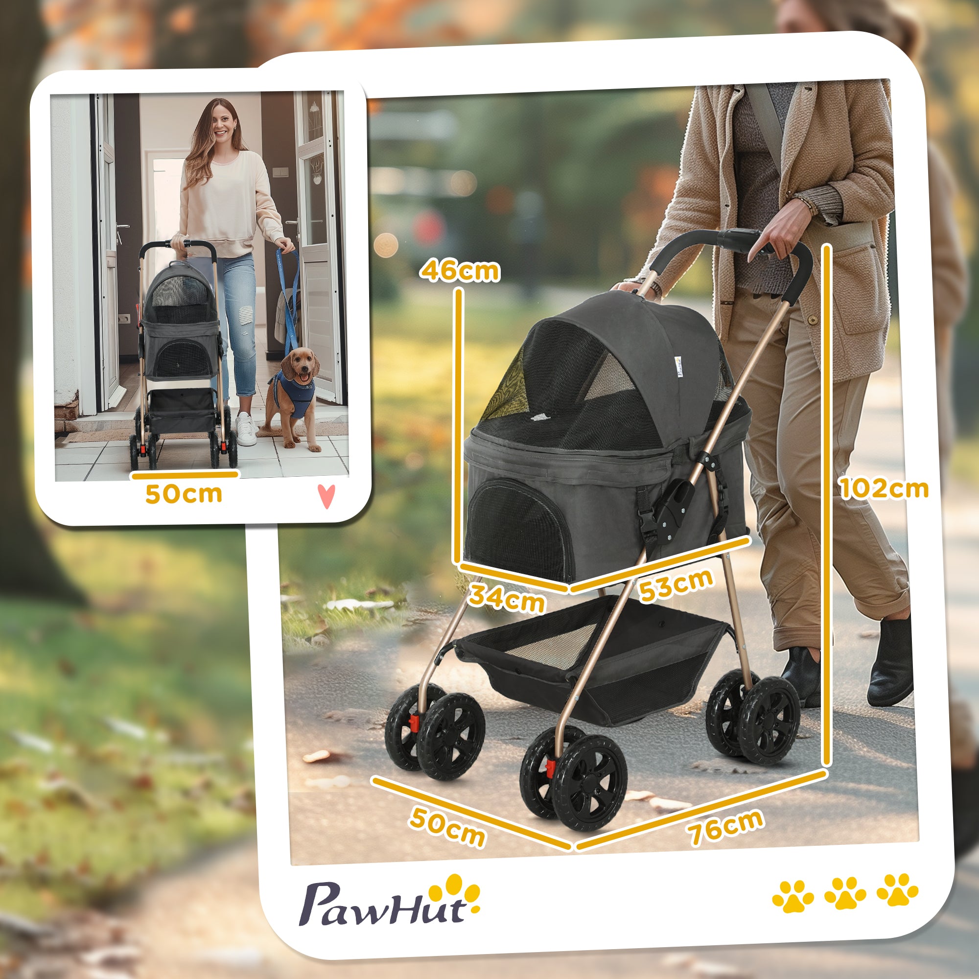 PawHut 3 in 1 Pet Stroller, Folding 4 Wheels Dog Pram with Detachable Carrier for Mini Dogs Cats, Grey - North Peak Garden Furniture