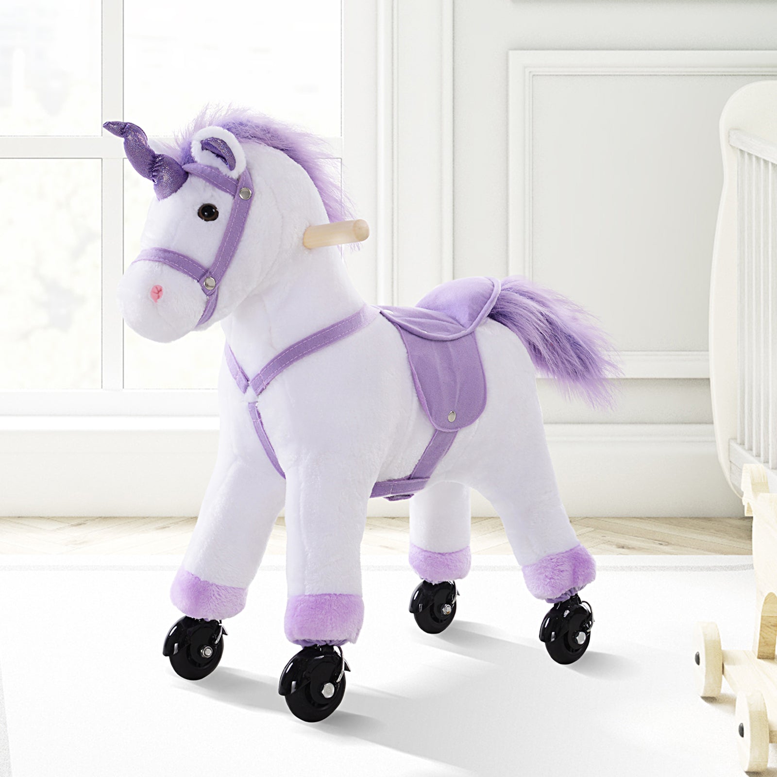 HOMCOM Kids Rocking Horse Plush Ride on Walking Unicorn Horse w/Realistic Sound Ride On Rocker with Handlebar for Age 3+ Purple - North Peak Garden Furniture