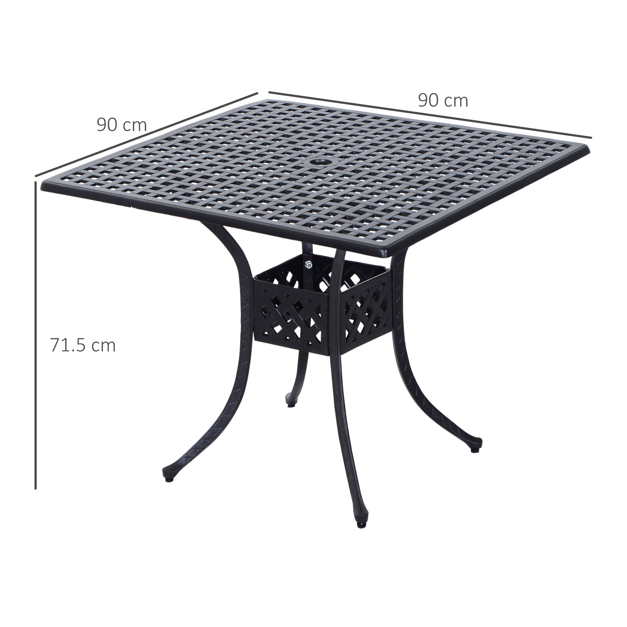 Outsunny 90cm Square Garden Table with Umbrella Hole, Aluminium Grid Motif Outdoor Dining Table for Garden Patio, Black - North Peak Garden Furniture