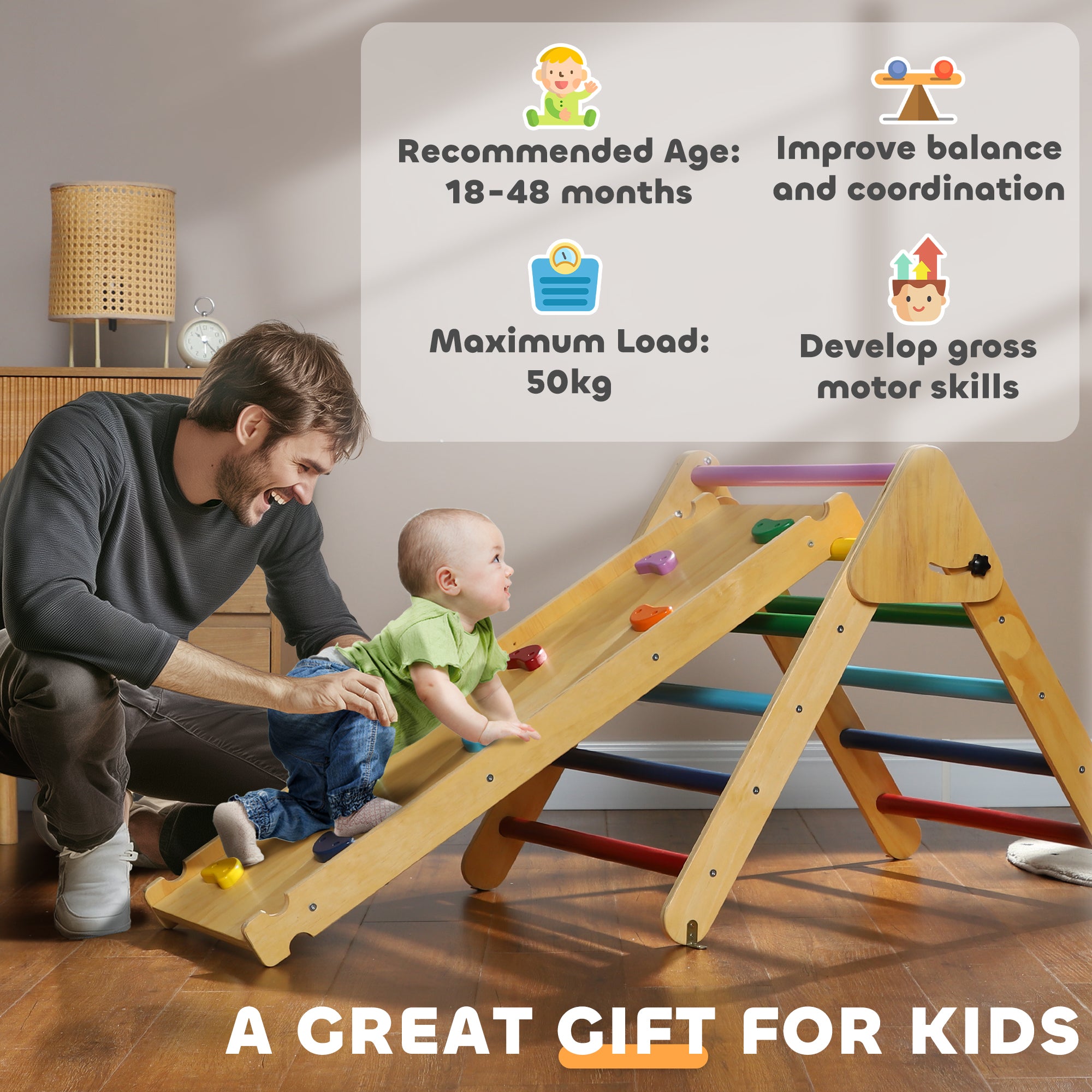 AIYAPLAY Toddler Climbing Frame for Kids with Ramp, 3 in 1 Wooden Pikler Triangle Set for 18-48 Months, Multicolour - North Peak Garden Furniture