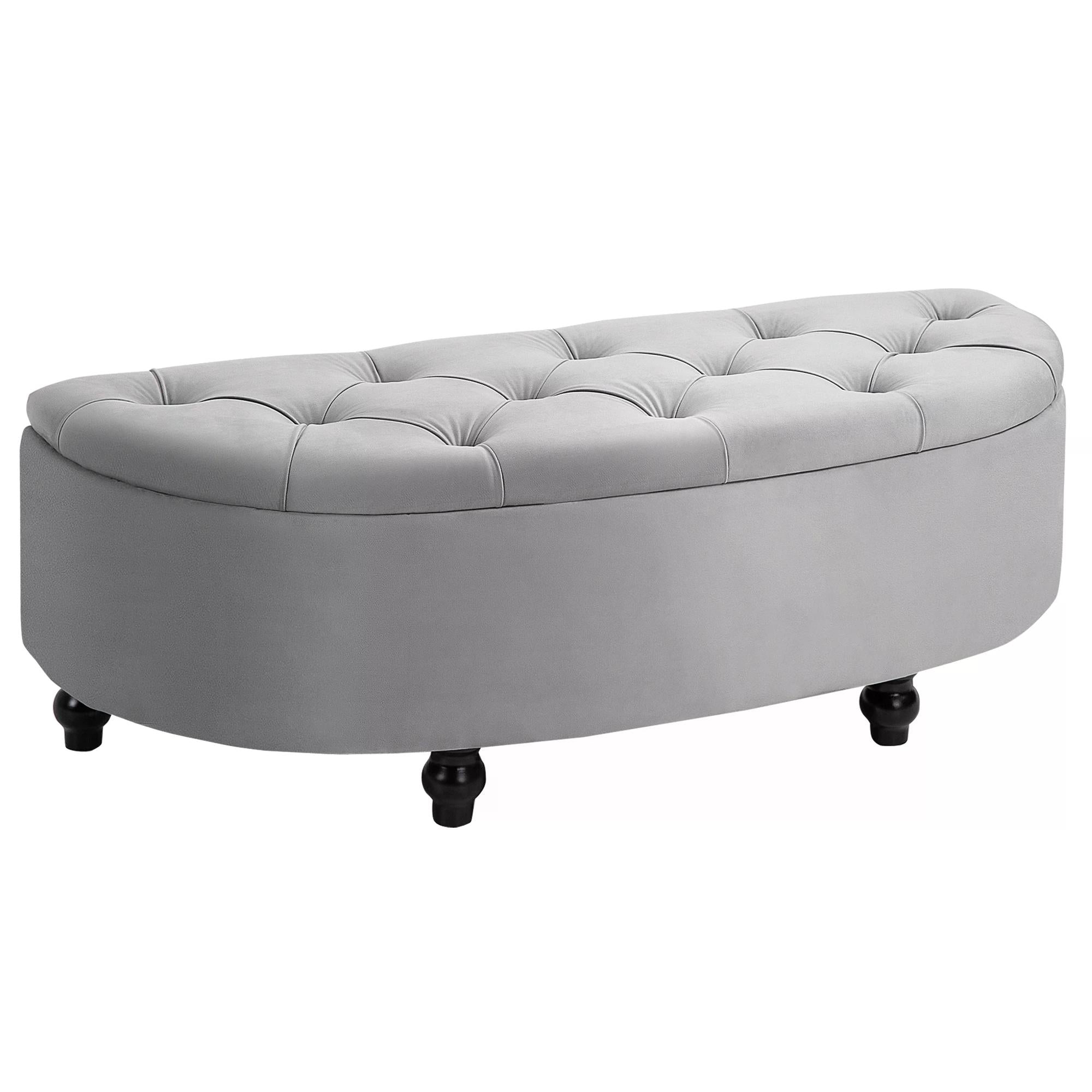 HOMCOM Semi-Circle Bed End Bench Ottoman with Storage Tufted Upholstered Accent Seat Footrest Stool with Rubberwood Legs for Bedroom & Entryway, Light Grey