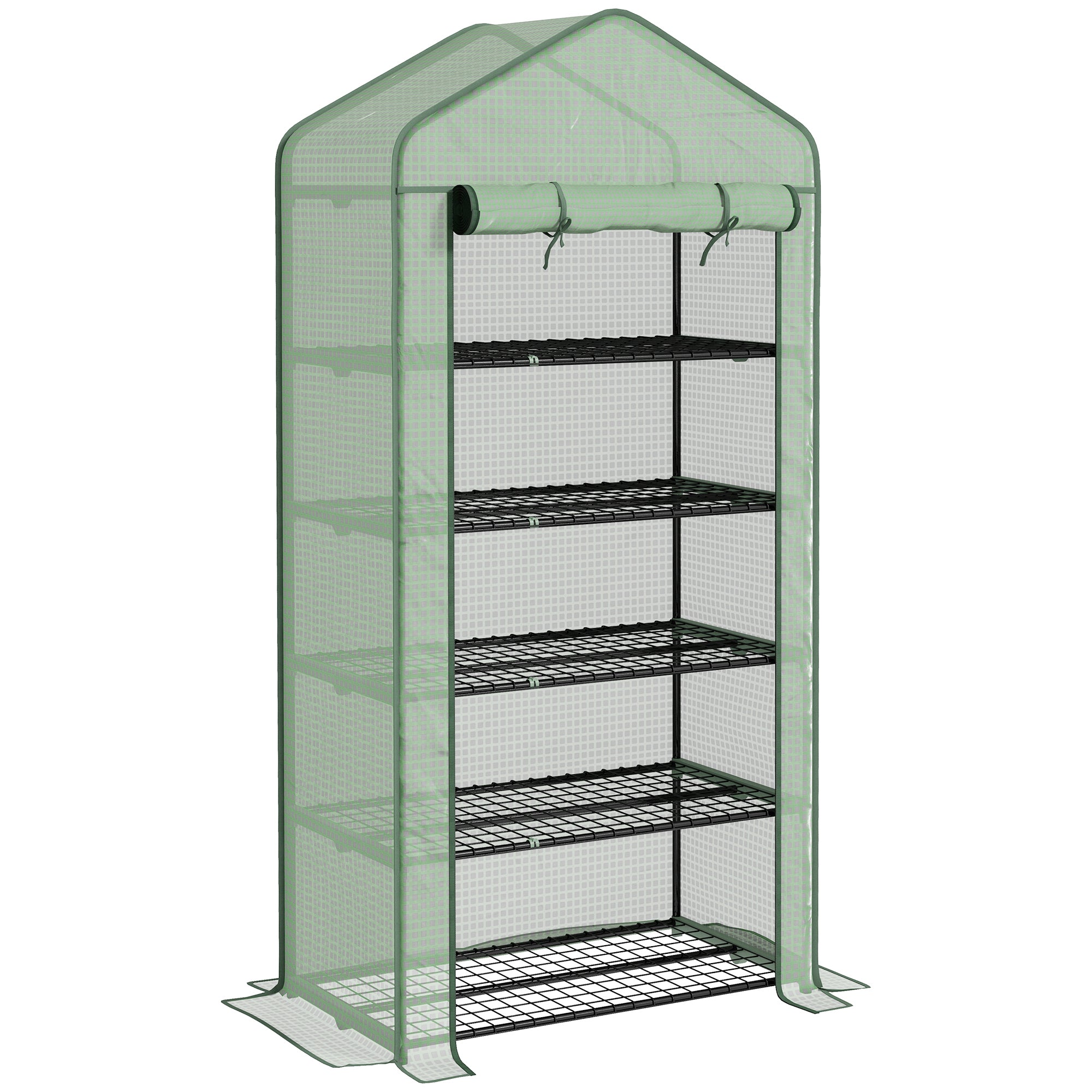 Outsunny 5 Tier Widened Mini Greenhouse with Reinforced PE Cover, Portable Indoor Outdoor Green House with Roll-up Door and Wire Shelves, 193H x 90W x 49Dcm, Green - North Peak Garden Furniture
