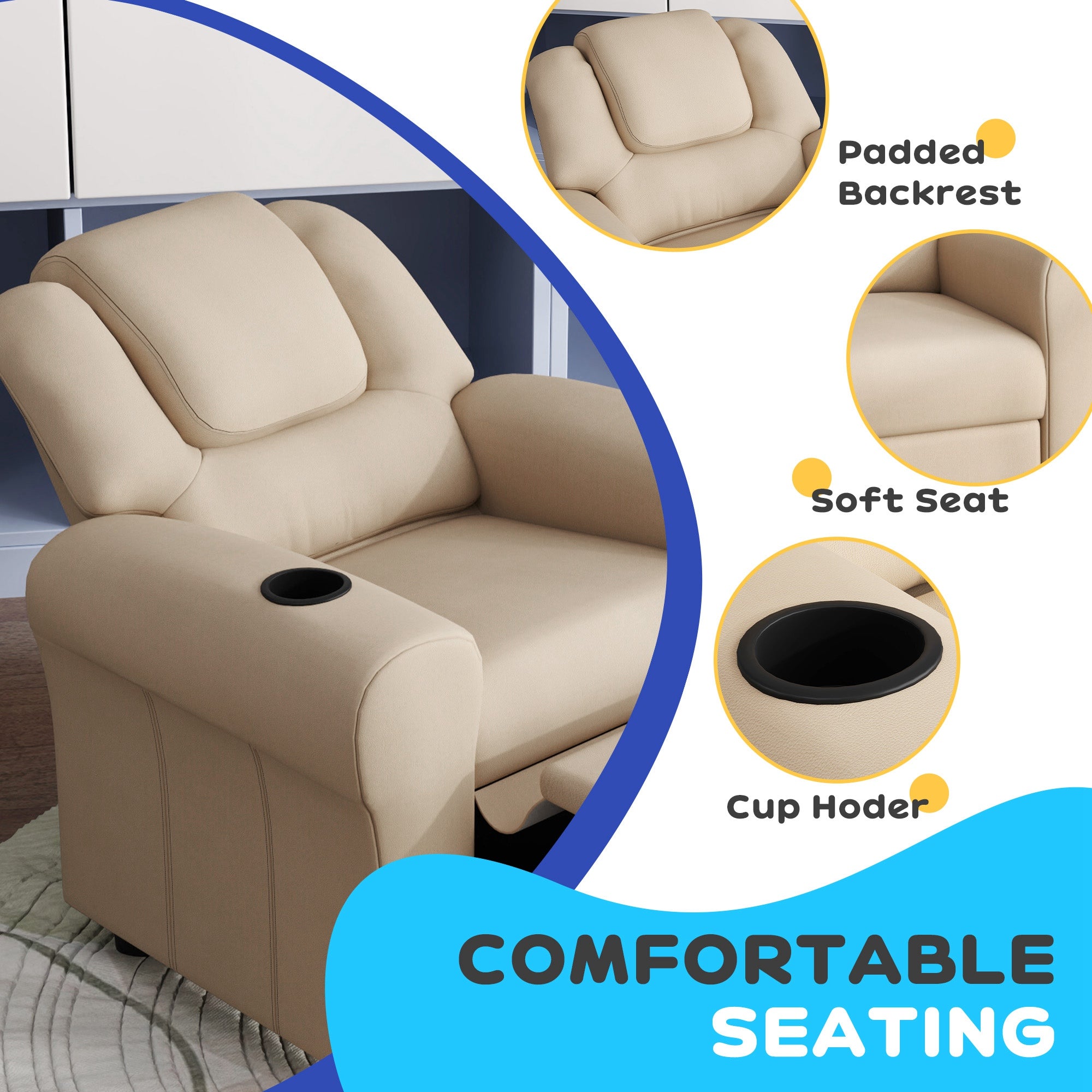 HOMCOM Kids Recliner Chair, PU Leather with Adjustable Backrest, Footrest, Padded Headrest, Beige - North Peak Garden Furniture